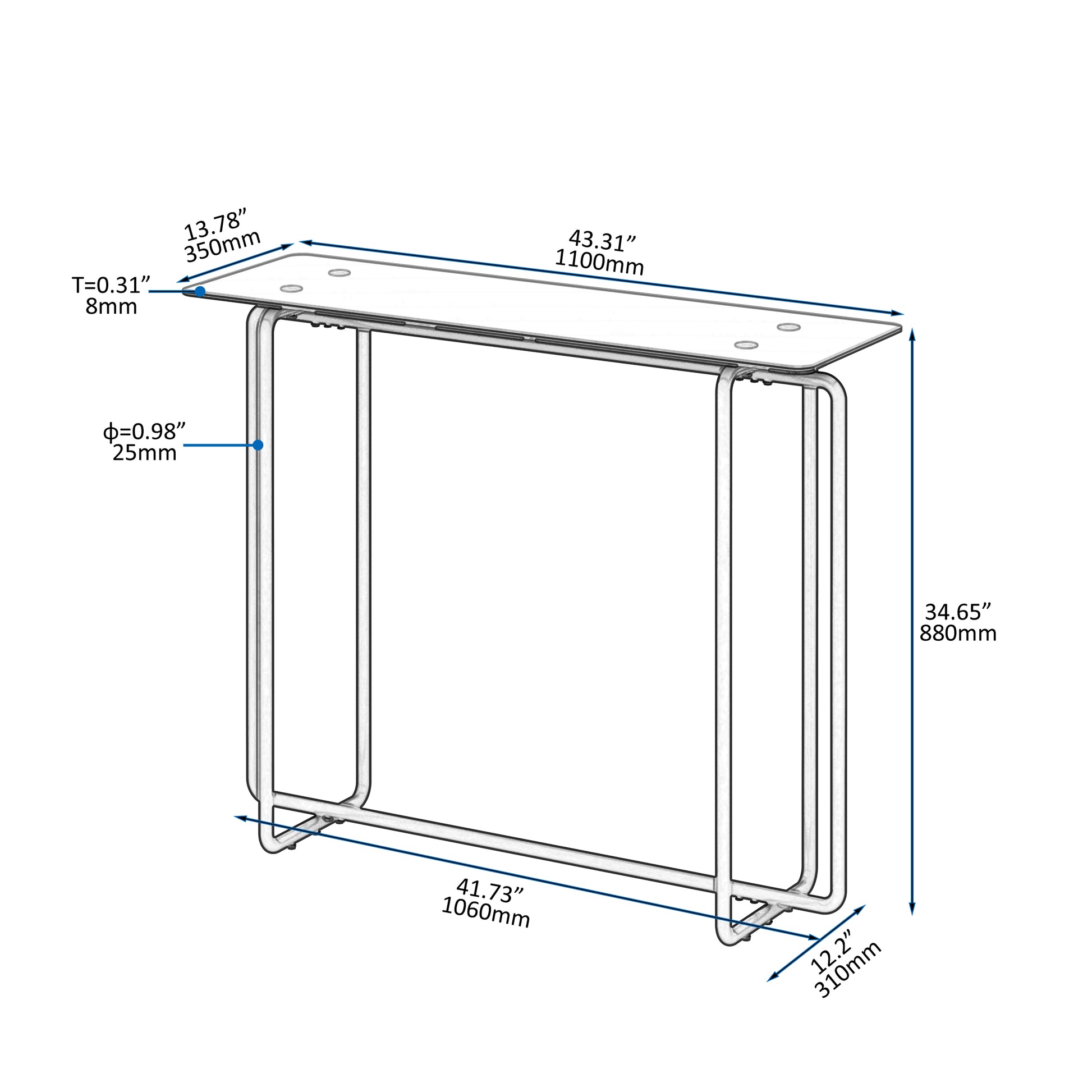 Console Table Single Layer Tempered Glass Rectangular Porch Table Black Leg Double Tempered Glass Tea Table,Black Black Tempered Glass