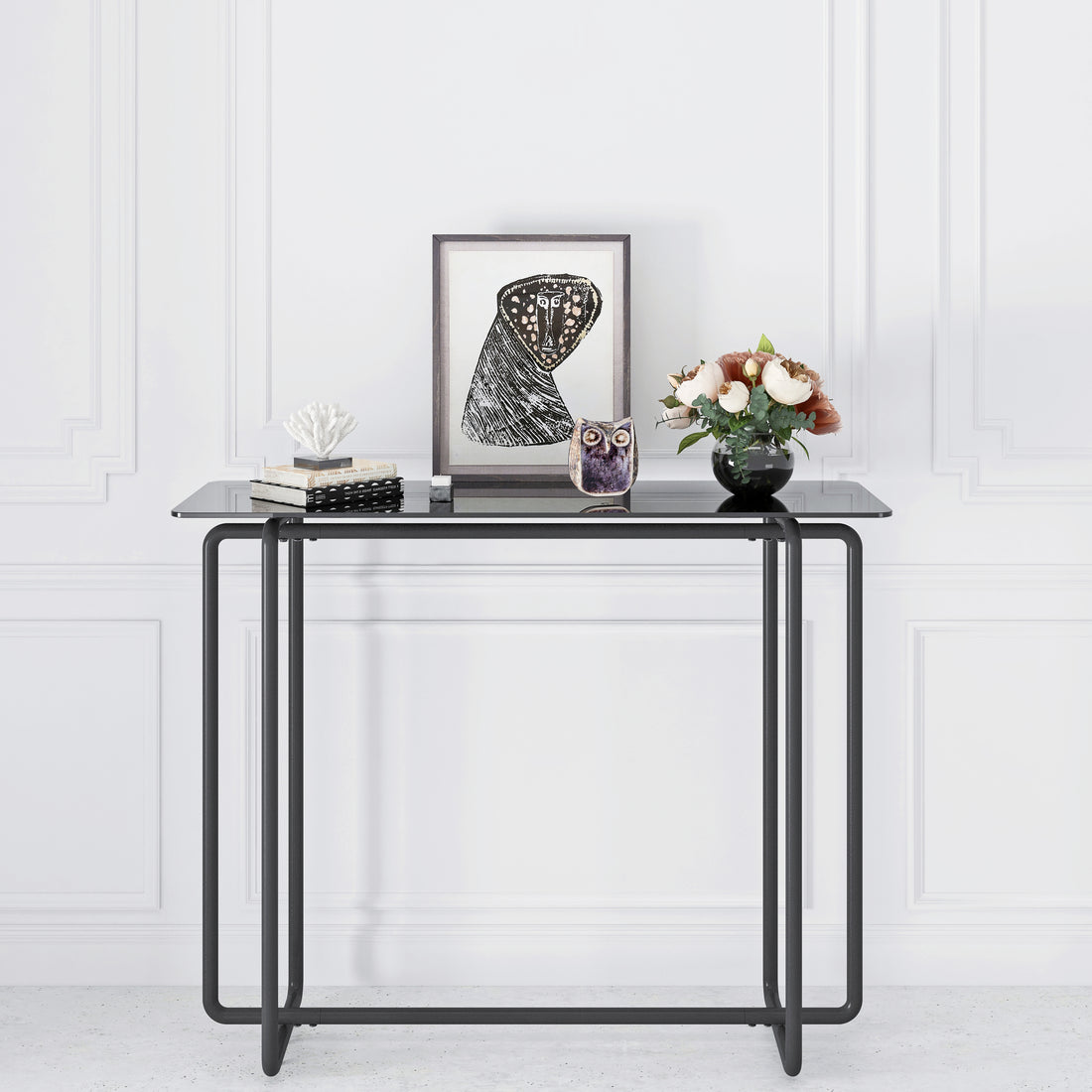 Console Table Single Layer Tempered Glass Rectangular Porch Table Black Leg Double Tempered Glass Tea Table,Black Black Tempered Glass