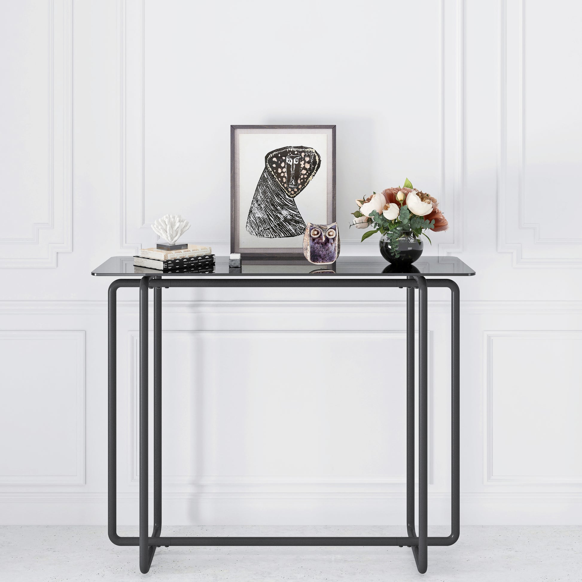 Console Table Single Layer Tempered Glass Rectangular Porch Table Black Leg Double Tempered Glass Tea Table,Black Black Tempered Glass