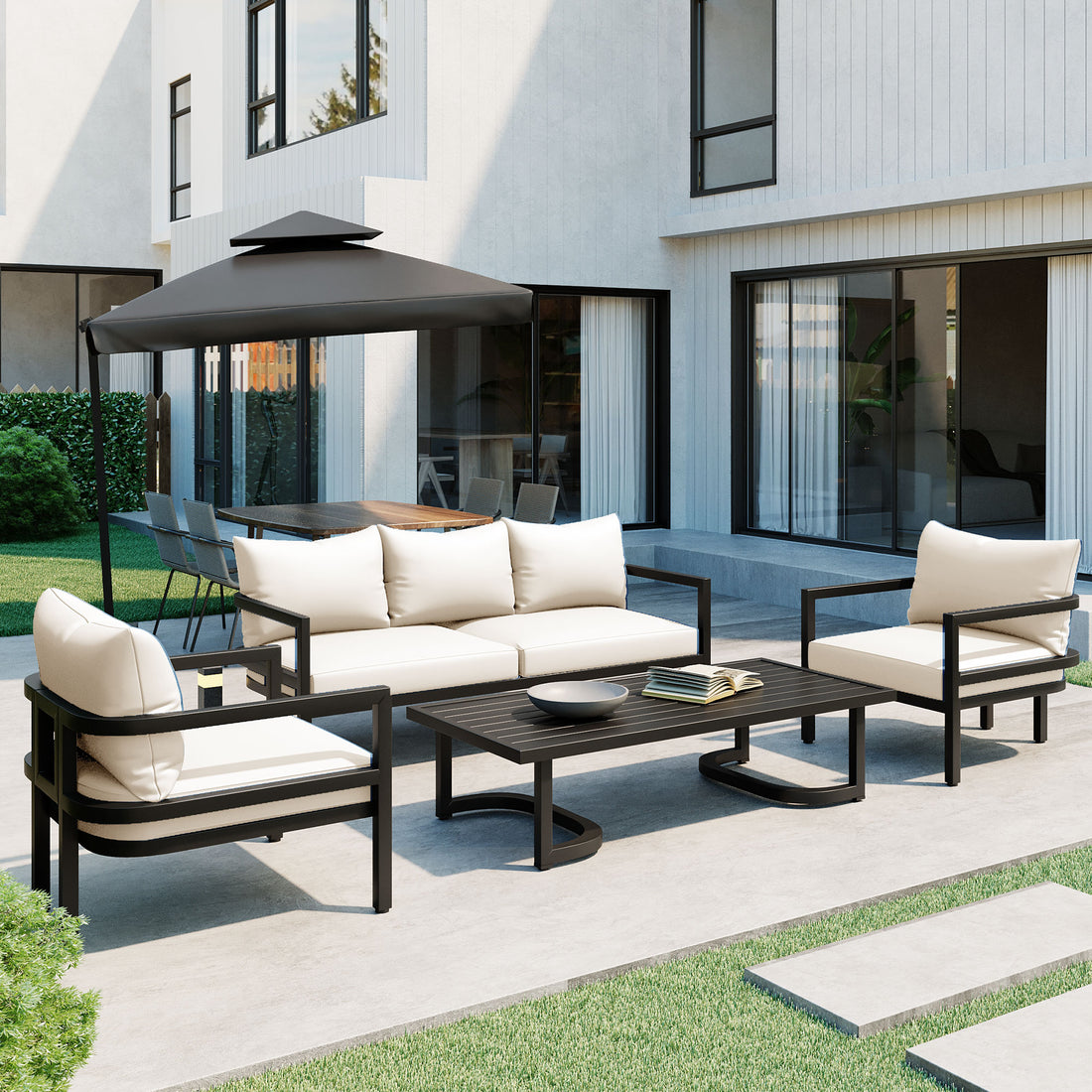 Multi Person Outdoor Steel Sofa Set, Waterproof, Anti Rust And Anti Uv, Suitable For Gardens And Lawns Beige Steel