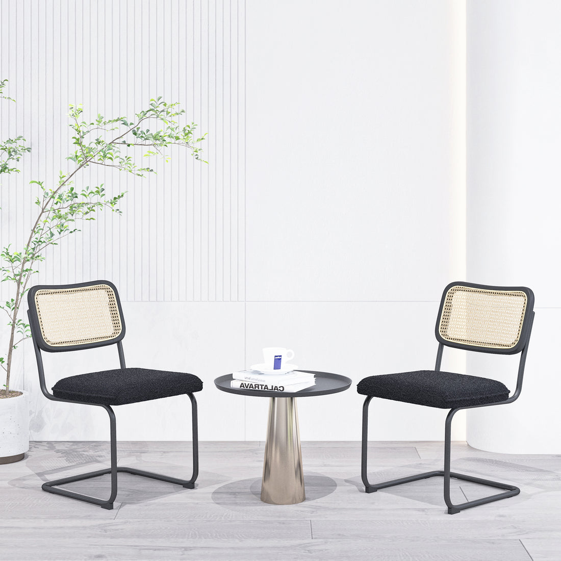 Set Of 2, Teddy Velvet Dining Chair With High Density Sponge, Rattan Chair For Dining Room, Living Room, Bedroom, Black Black Velvet