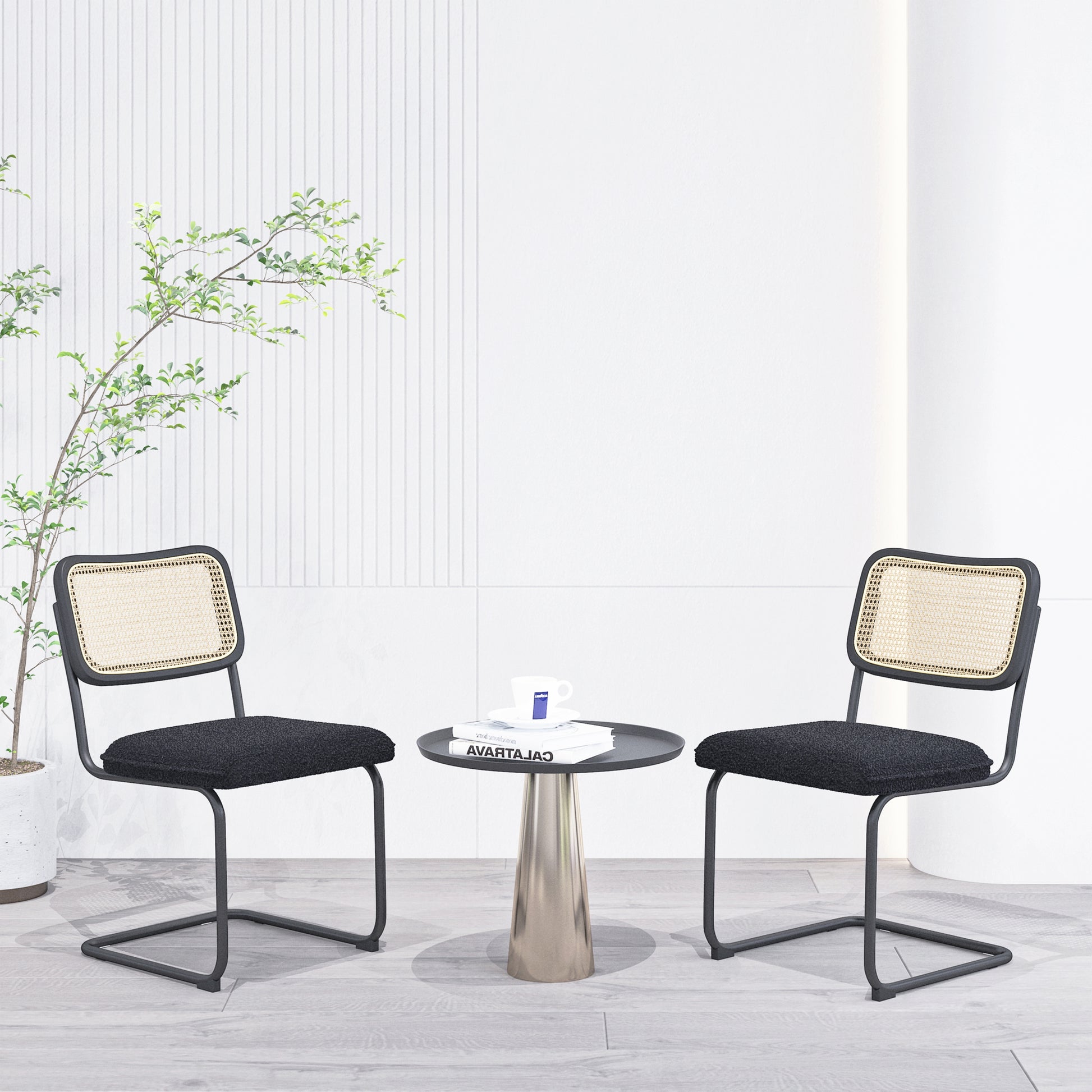 Set Of 2, Teddy Velvet Dining Chair With High Density Sponge, Rattan Chair For Dining Room, Living Room, Bedroom, Black Black Velvet