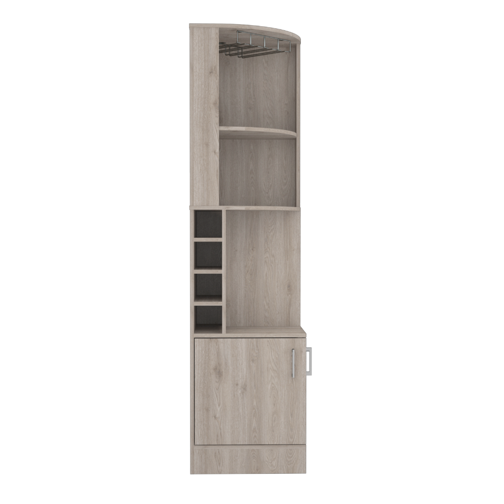 Syrah Corner Bar Cabinet, Eight Bottle Cubbies, Double Door, Two Open Shelves 1 2 Shelves Light Gray Gray Dining Room Open Storage Space Modern Particle Board