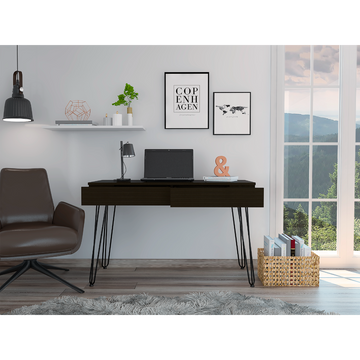 Mumbai 2 Drawers Computer Desk With Hairpin Legs Black Black Computer Desk Office Modern Rectangular Desk Rectangular Particle Board Particle Board