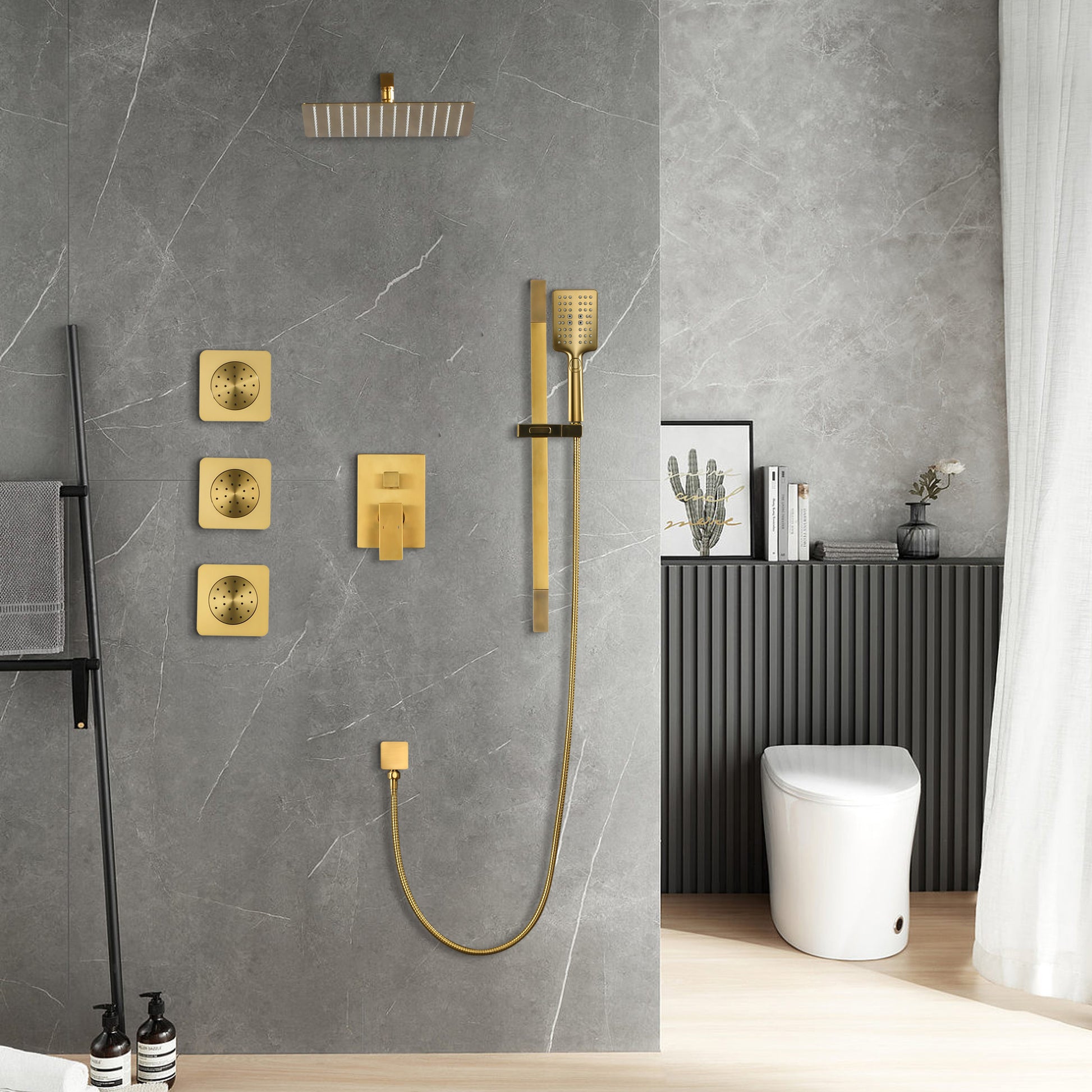 Shower System With Shower Head, Hand Shower, Slide Bar, Bodysprays, Shower Arm, Hose, Valve Trim, And Lever Handles Gold Brass