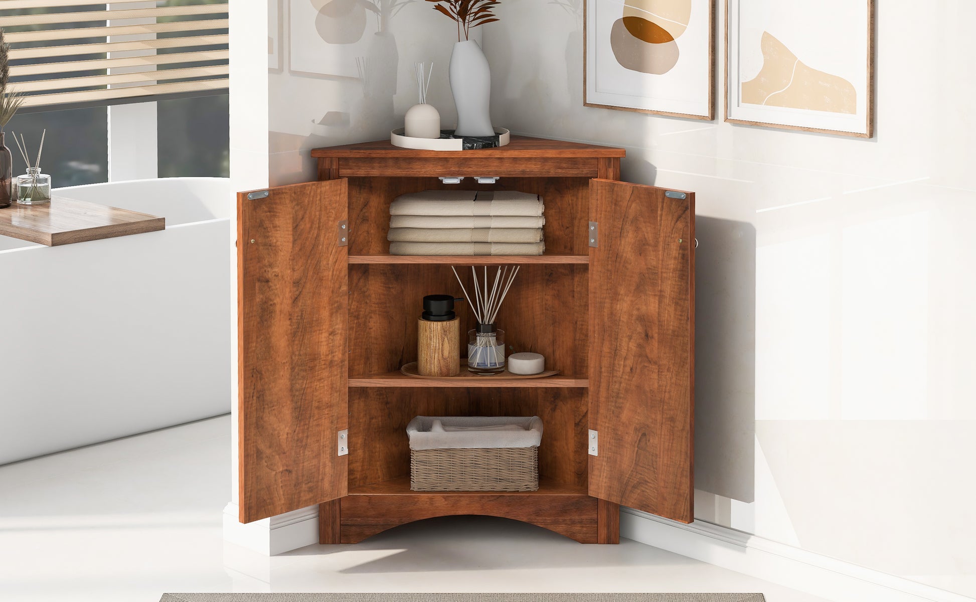 Brown Triangle Bathroom Storage Cabinet With Adjustable Shelves, Freestanding Floor Cabinet For Home Kitchen Brown Mdf