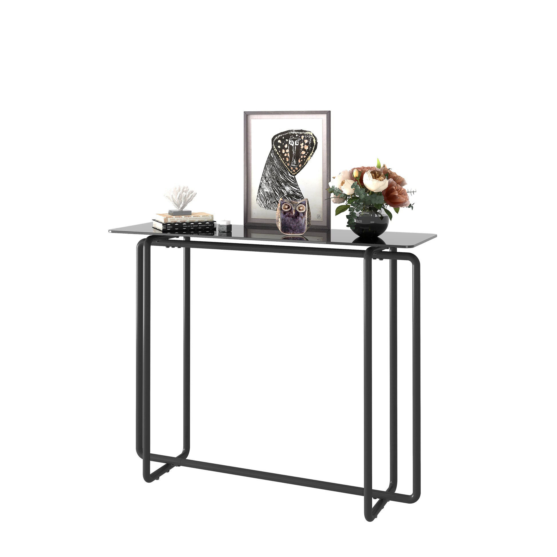 Console Table Single Layer Tempered Glass Rectangular Porch Table Black Leg Double Tempered Glass Tea Table,Black Black Tempered Glass