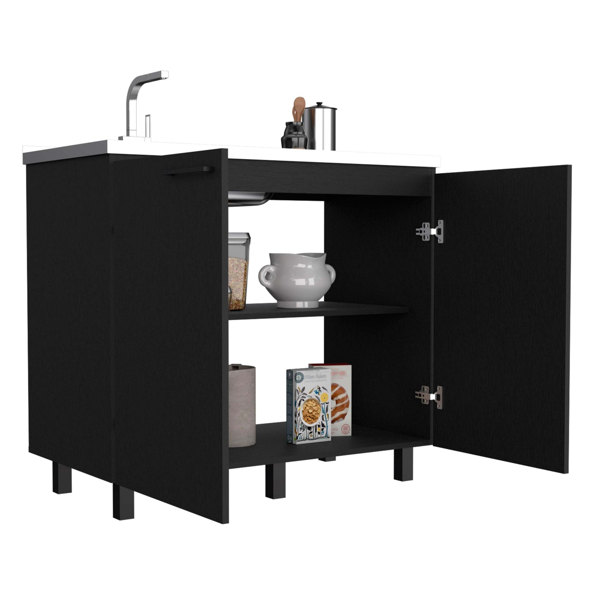 Napoles 2 Utility Sink With Cabinet, Stainless Steel Countertop, Interior Shelf Black Black Particle Board Particle Board