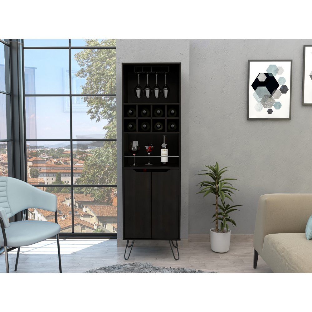 Manhattan Talll Bar Cabinet, Eight Built In Wine Rack, Two Cabinets With Single Door Black Black Particle Board Particle Board