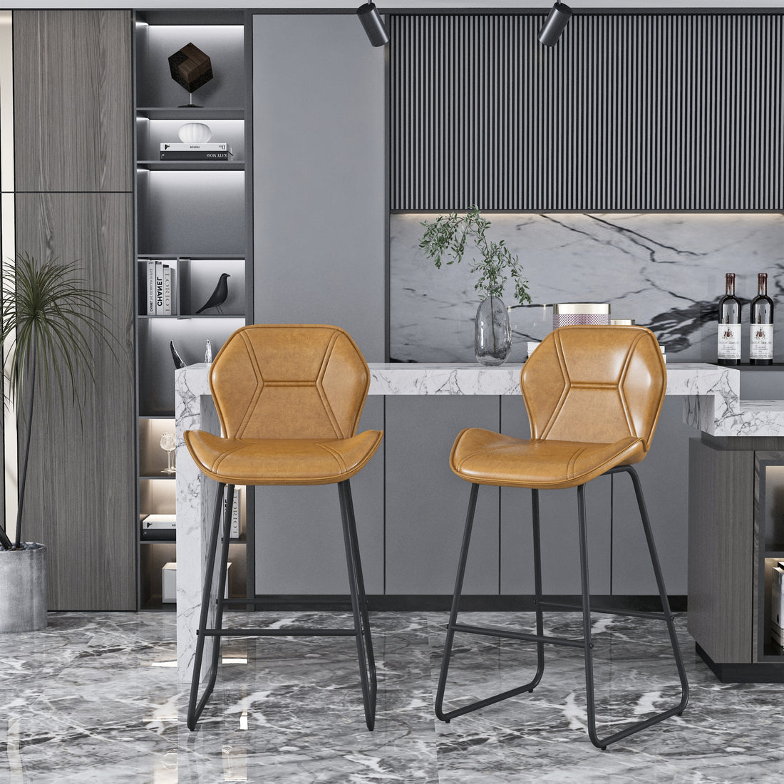 Set Of 2, Leather Bar Chair With High Density Sponge, Pu Chair Counter Height Pub Kitchen Stools For Dining Room,Homes,Bars, Kitchens,Brown Brown Pu