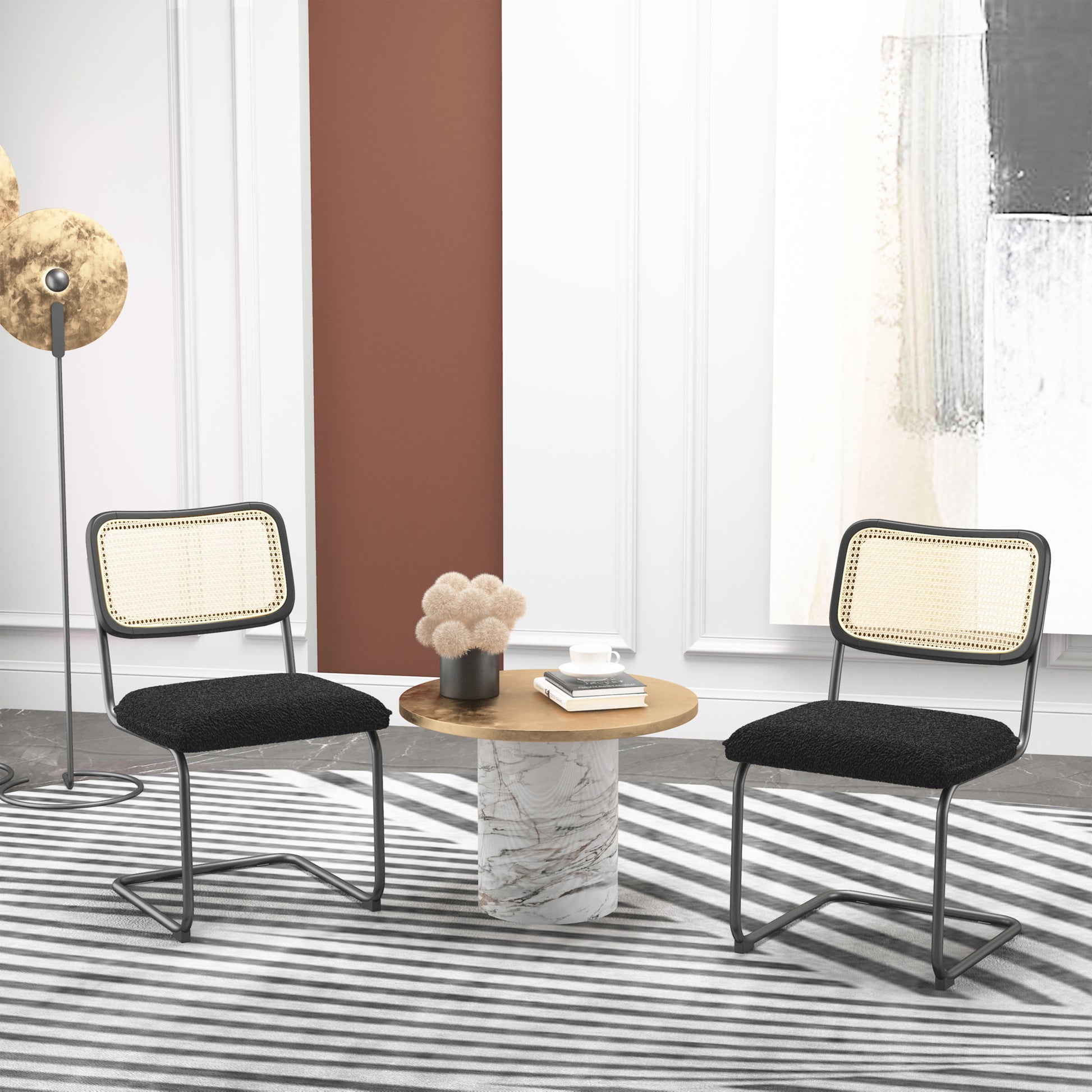 Set Of 2, Teddy Velvet Dining Chair With High Density Sponge, Rattan Chair For Dining Room, Living Room, Bedroom, Black Black Velvet