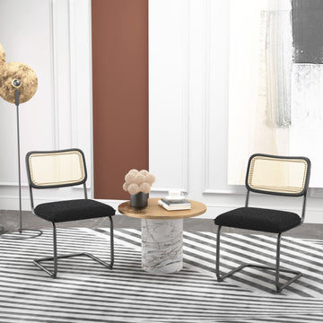 Set Of 2, Teddy Velvet Dining Chair With High Density Sponge, Rattan Chair For Dining Room, Living Room, Bedroom, Black Black Velvet