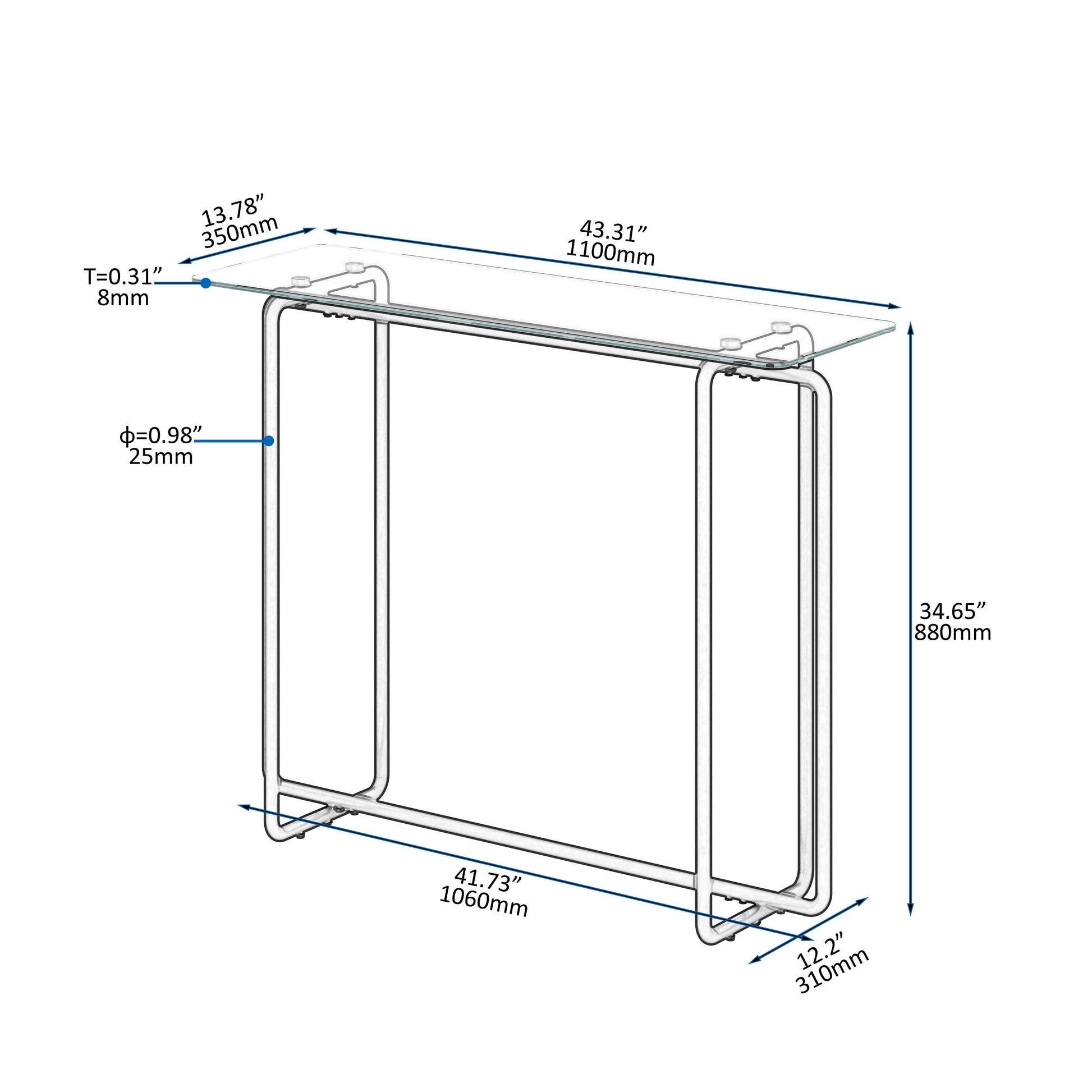 Console Table Single Layer Tempered Glass Rectangular Porch Table Black Leg Double Tempered Glass Tea Table,Transparent Transparent Tempered Glass