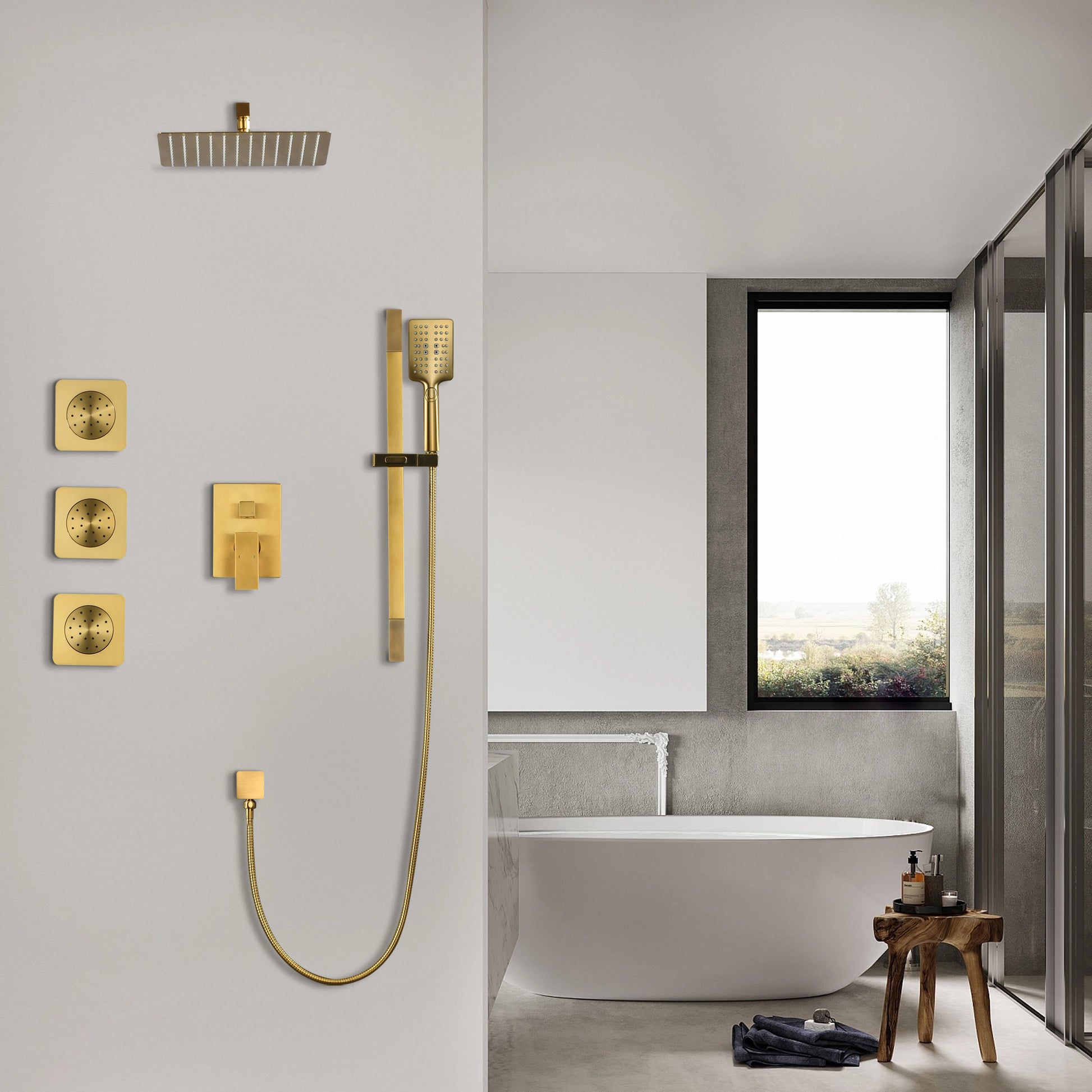 Shower System With Shower Head, Hand Shower, Slide Bar, Bodysprays, Shower Arm, Hose, Valve Trim, And Lever Handles Gold Brass