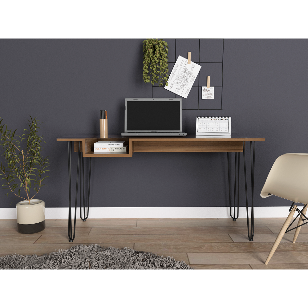 Baxter 140 Desk, One Shelf, Four Legs Mahogany Brown Computer Desk Office Modern Freestanding Rectangular Desk Rectangular Particle Board Particle Board