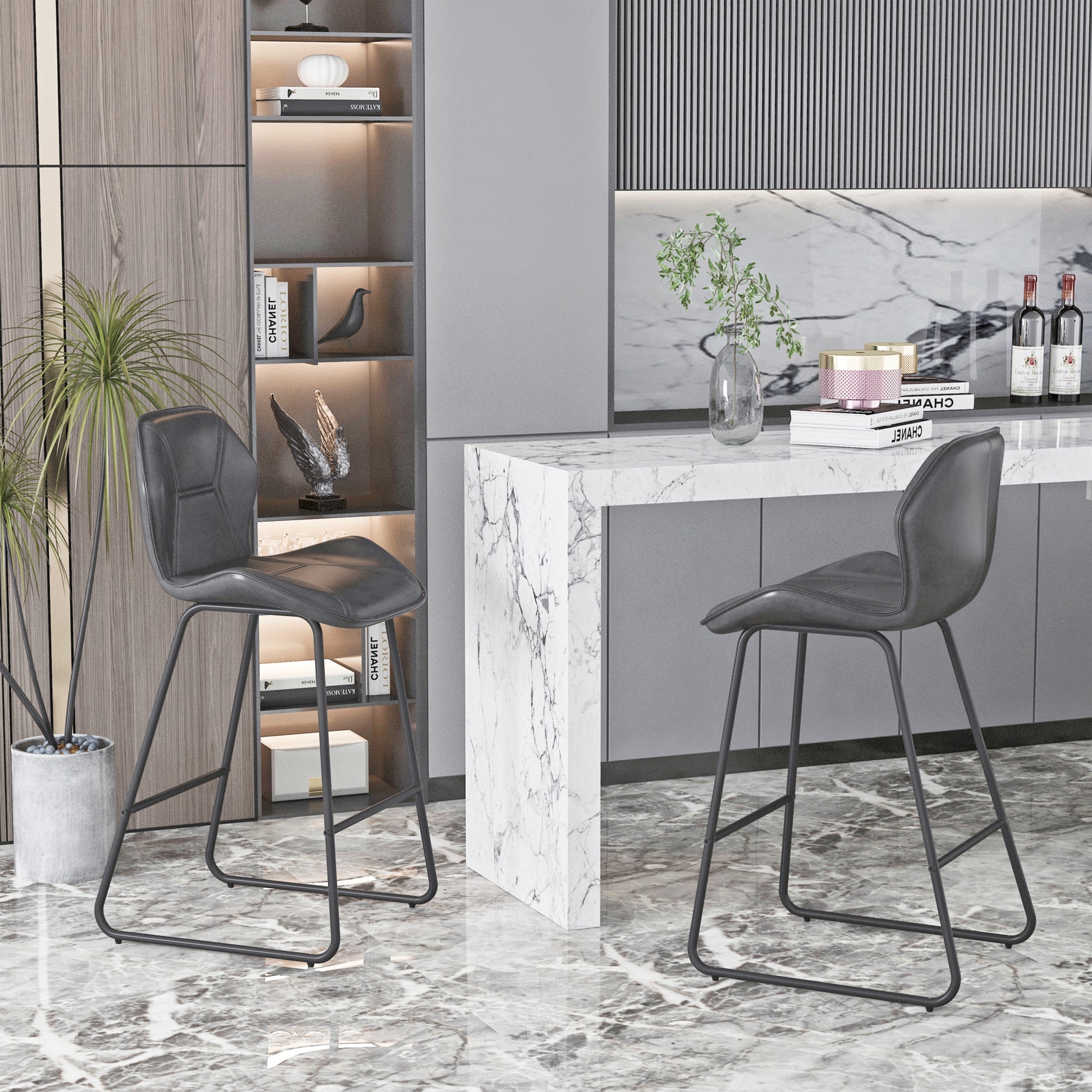 Set Of 2, Leather Bar Chair With High Density Sponge, Pu Chair Counter Height Pub Kitchen Stools For Dining Room,Homes,Bars, Kitchens,Gray Gray Pu