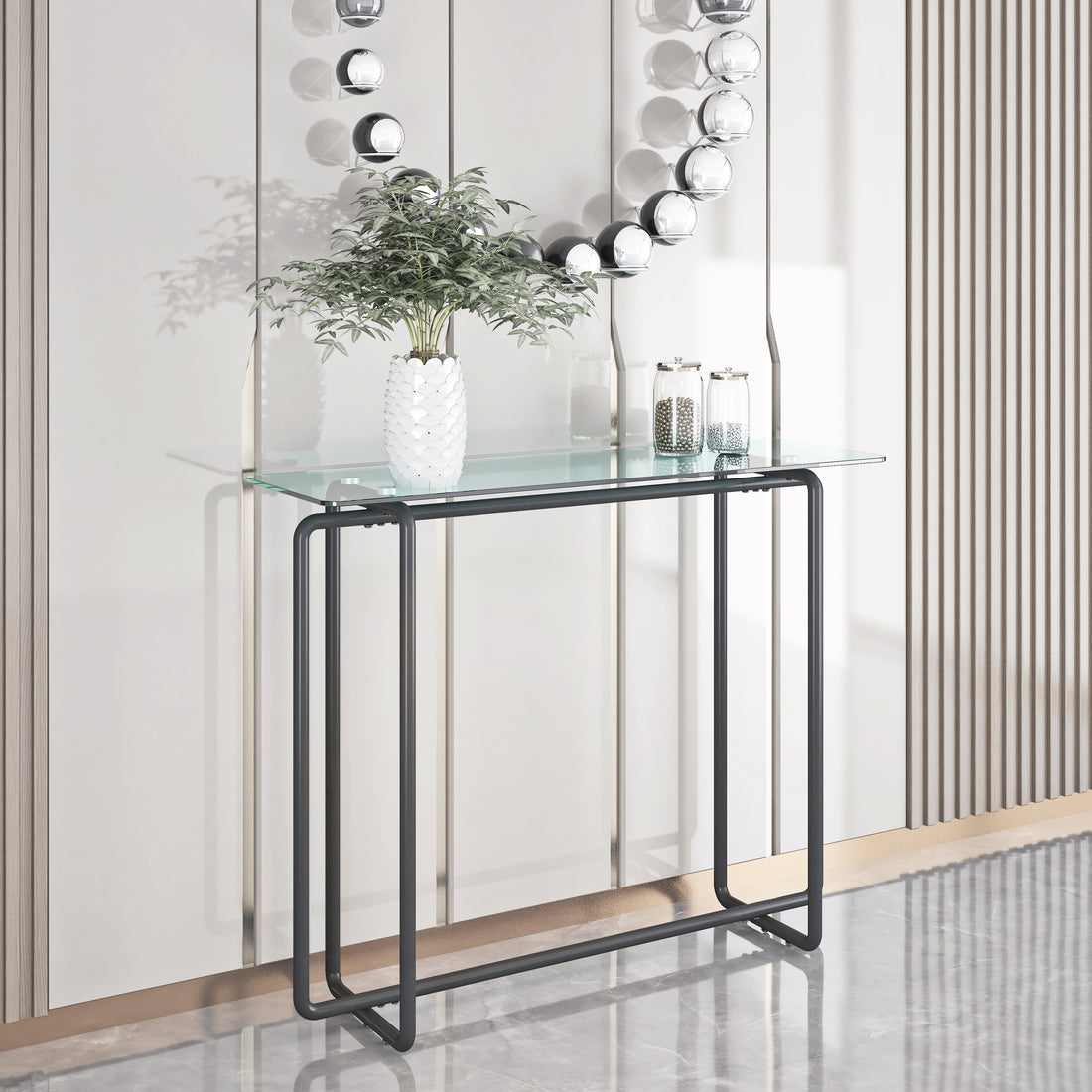 Console Table Single Layer Tempered Glass Rectangular Porch Table Black Leg Double Tempered Glass Tea Table,Transparent Transparent Tempered Glass