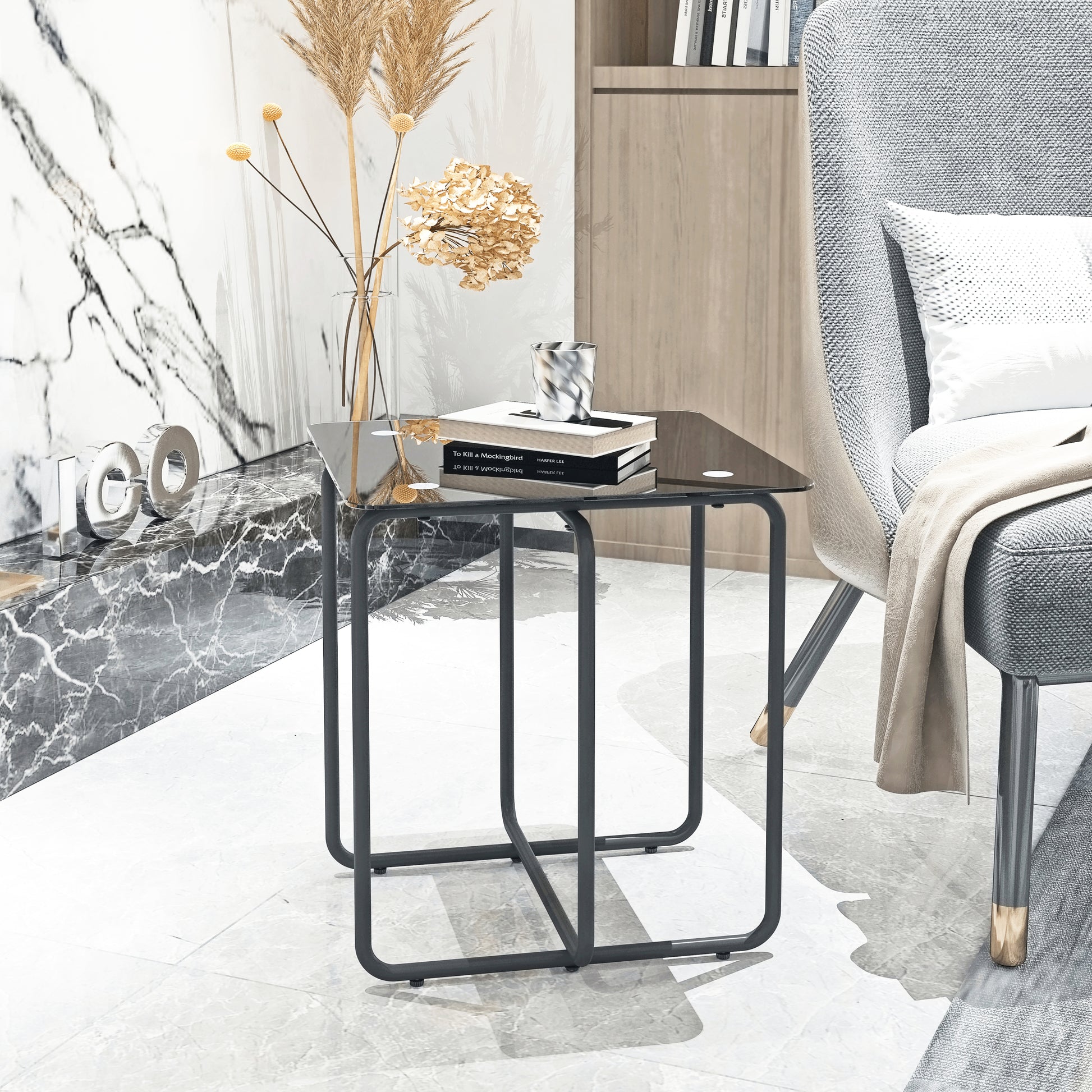 Modern Tempered Glass Coffee Table End Table Side Table For Living Room,Bedroom, Black Black Glass