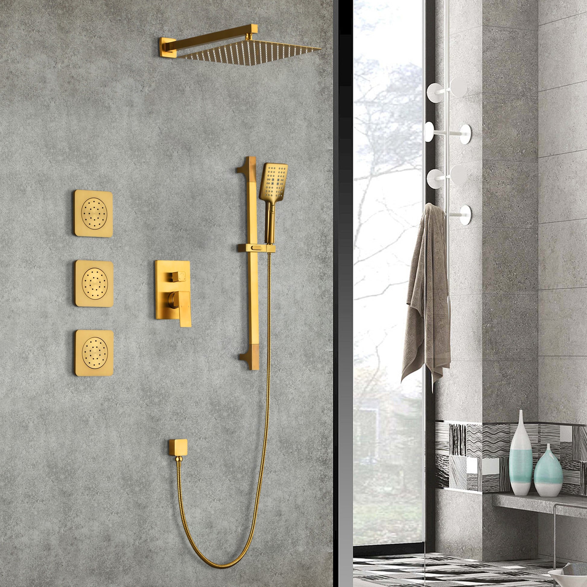 Shower System With Shower Head, Hand Shower, Slide Bar, Bodysprays, Shower Arm, Hose, Valve Trim, And Lever Handles Gold Brass