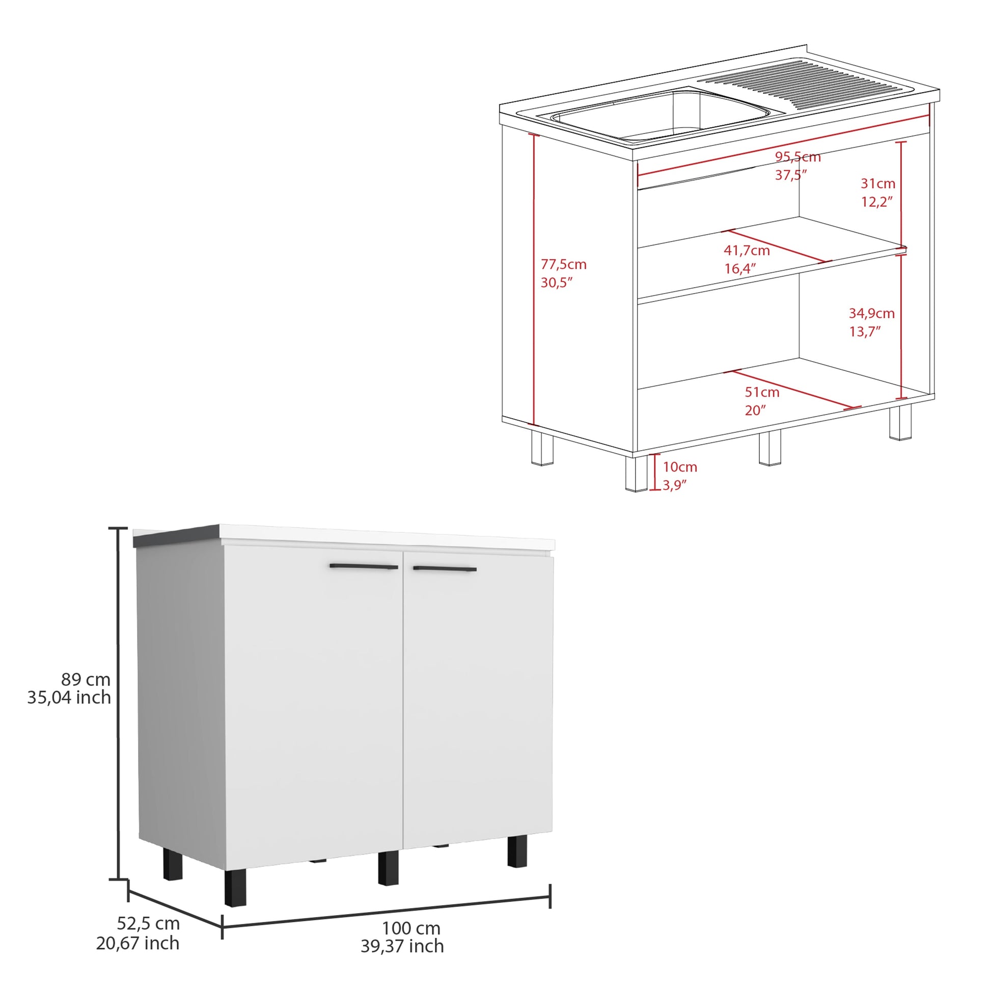 Napoles 2 Utility Sink With Cabinet, Stainless Steel Countertop, Interior Shelf White White Particle Board Particle Board