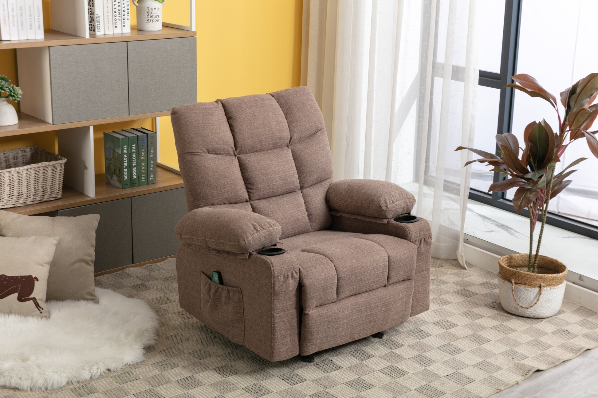 Vanbow.Recliner Chair Massage Heating Sofa With Usb And Side Pocket 2 Cup Holders Brown Brown Foam Fabric