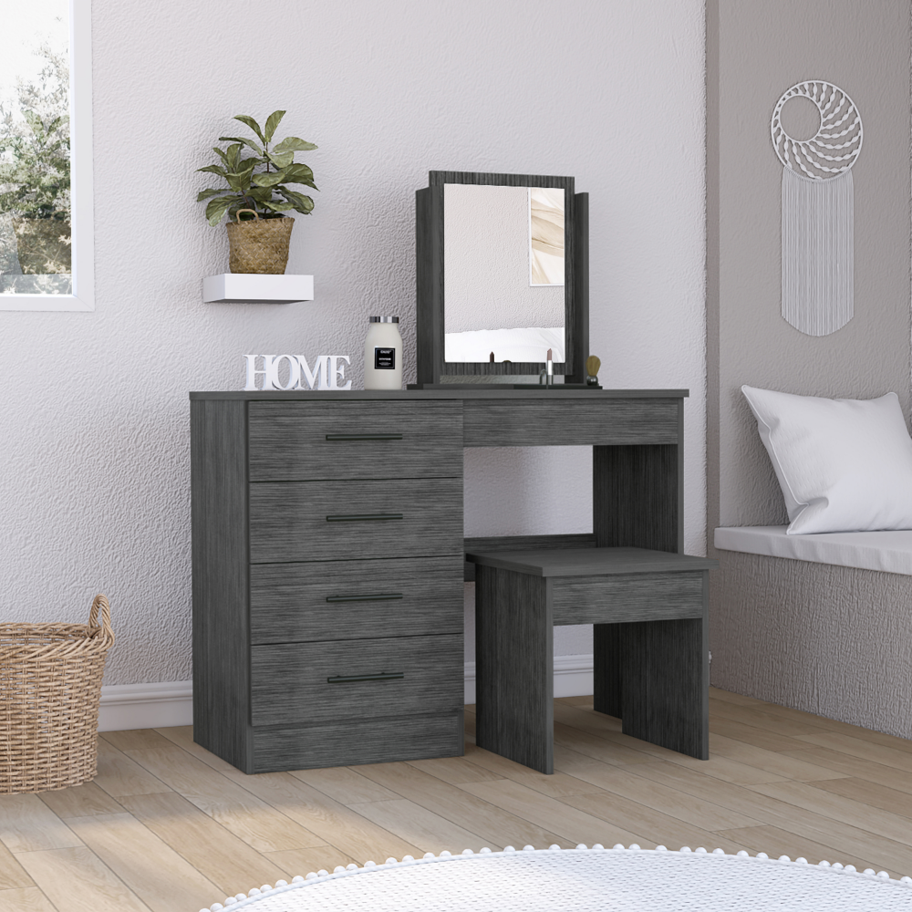 Kaia Makeup Vanity, Four Drawers, One Mirror, Stool Smokey Oak Gray Particle Board Particle Board