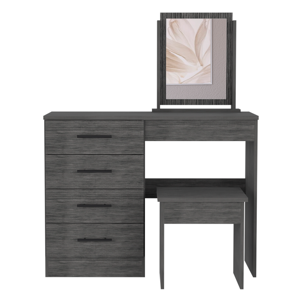 Kaia Makeup Vanity, Four Drawers, One Mirror, Stool Smokey Oak Gray 4 Drawers Bedroom Shelf Modern Particle Board Particle Board