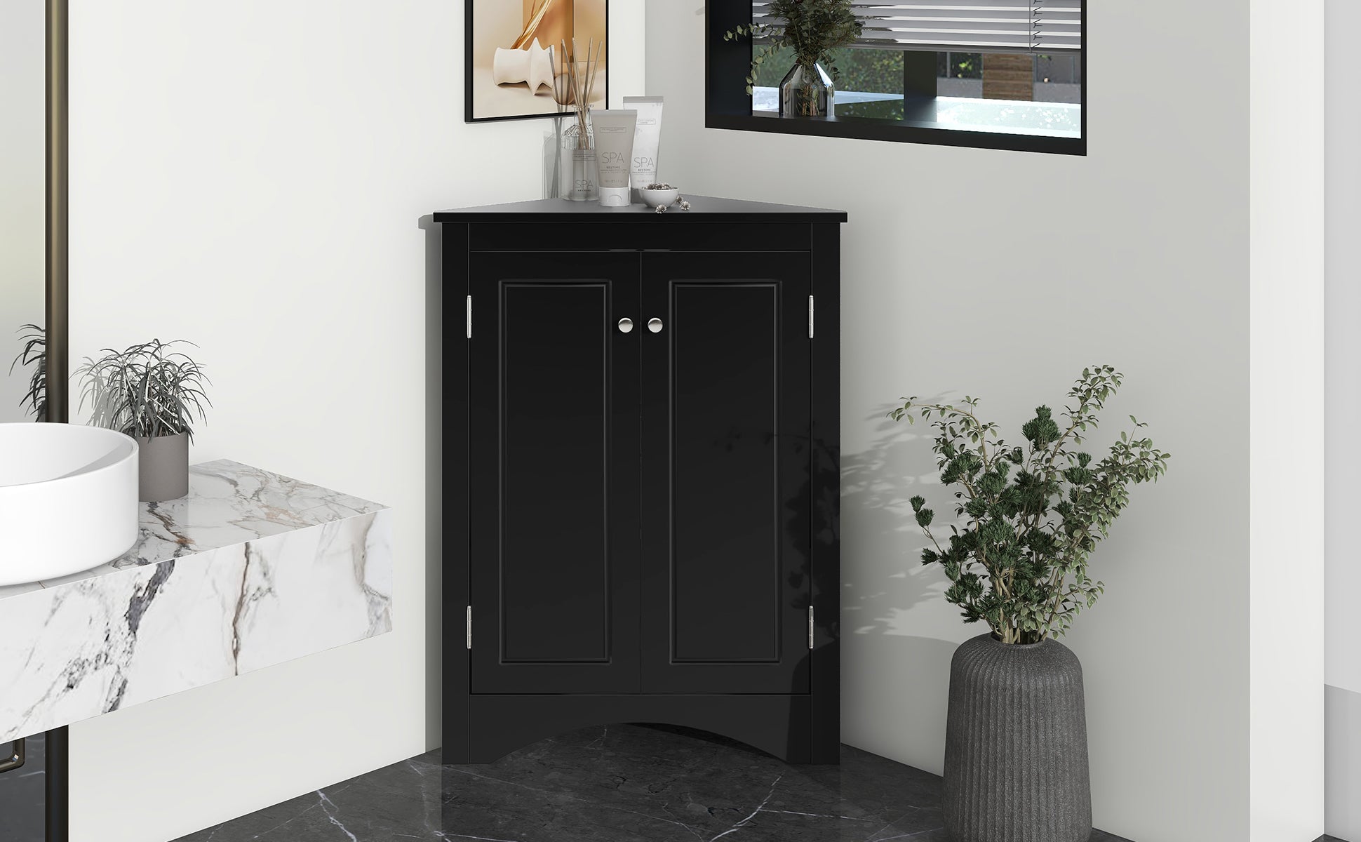 Black Triangle Bathroom Storage Cabinet With Adjustable Shelves, Freestanding Floor Cabinet For Home Kitchen Black Mdf