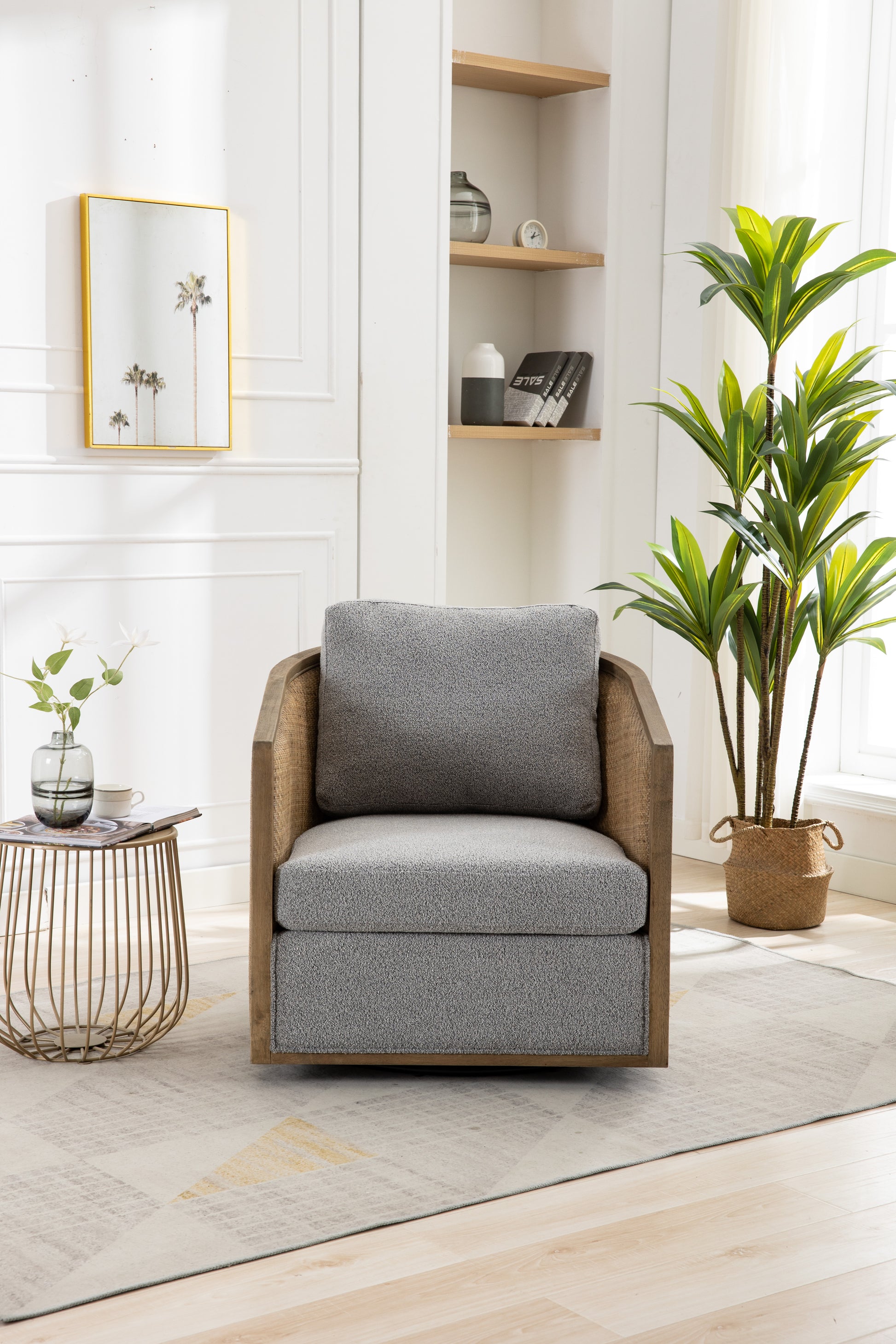 Coolmore Swivel Barrel Chair, Comfy Round Accent Sofa Chair For Living Room, 360 Degree Swivel Barrel Club Chair, Leisure Arm Chair For Nursery, Hotel, Bedroom, Office, Lounge Gray Boucle Gray Foam Boucle