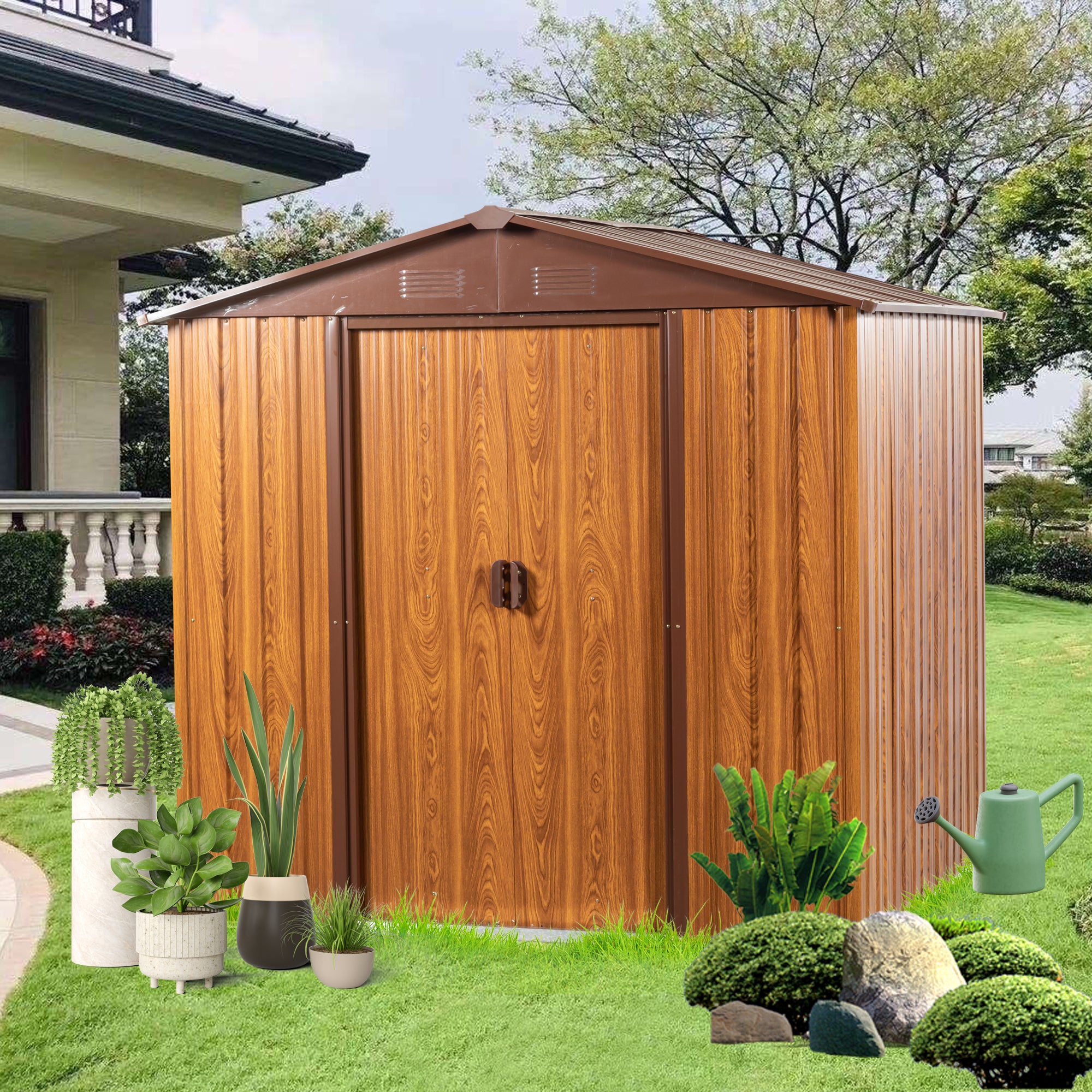 6 Ft. W X 6 Ft. D Metal Storage Shed Appealing Horizontal Siding In Woodgrain With Coffee Trim To Complement Yellow Brown Metal