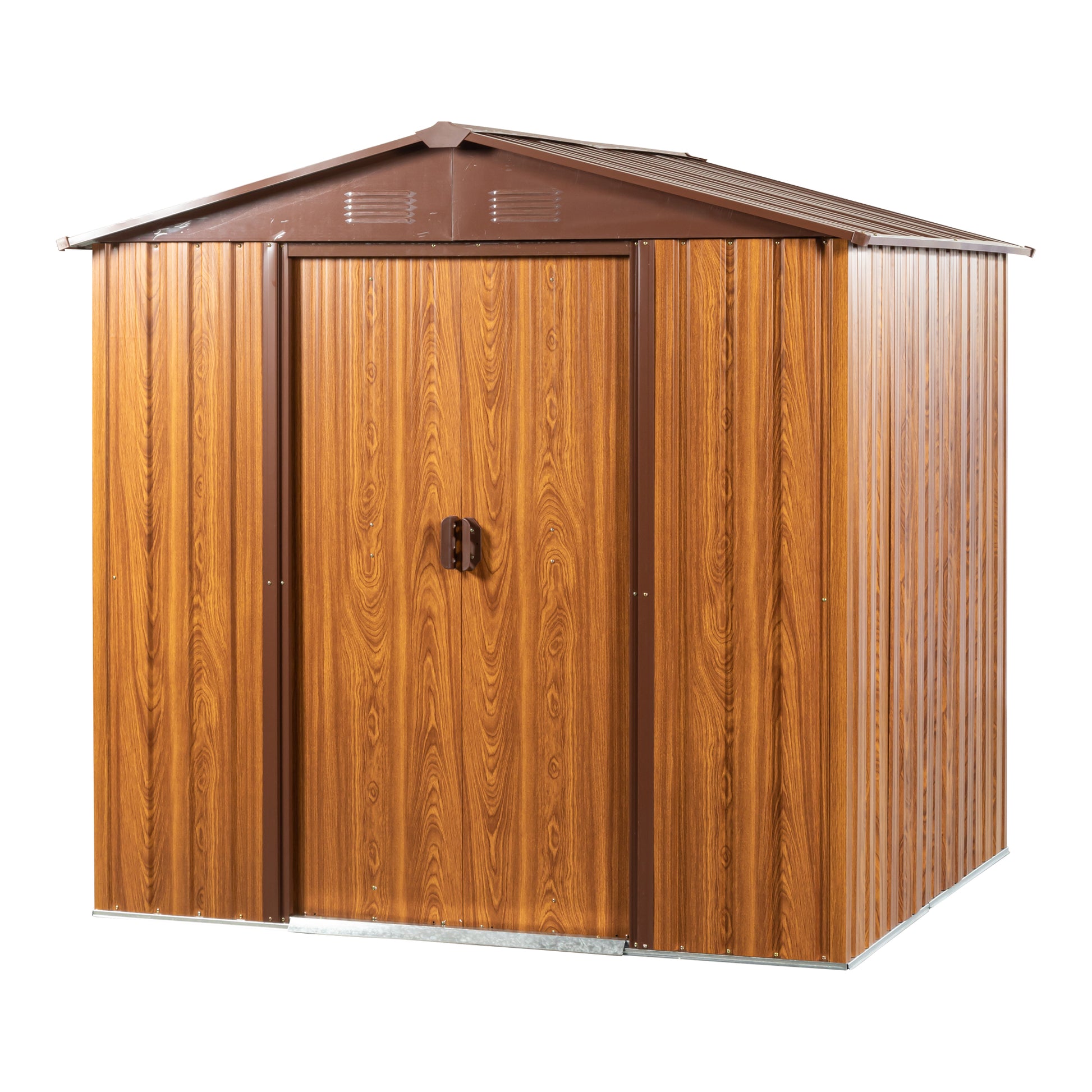 6 Ft. W X 6 Ft. D Metal Storage Shed Appealing Horizontal Siding In Woodgrain With Coffee Trim To Complement Yellow Brown Metal