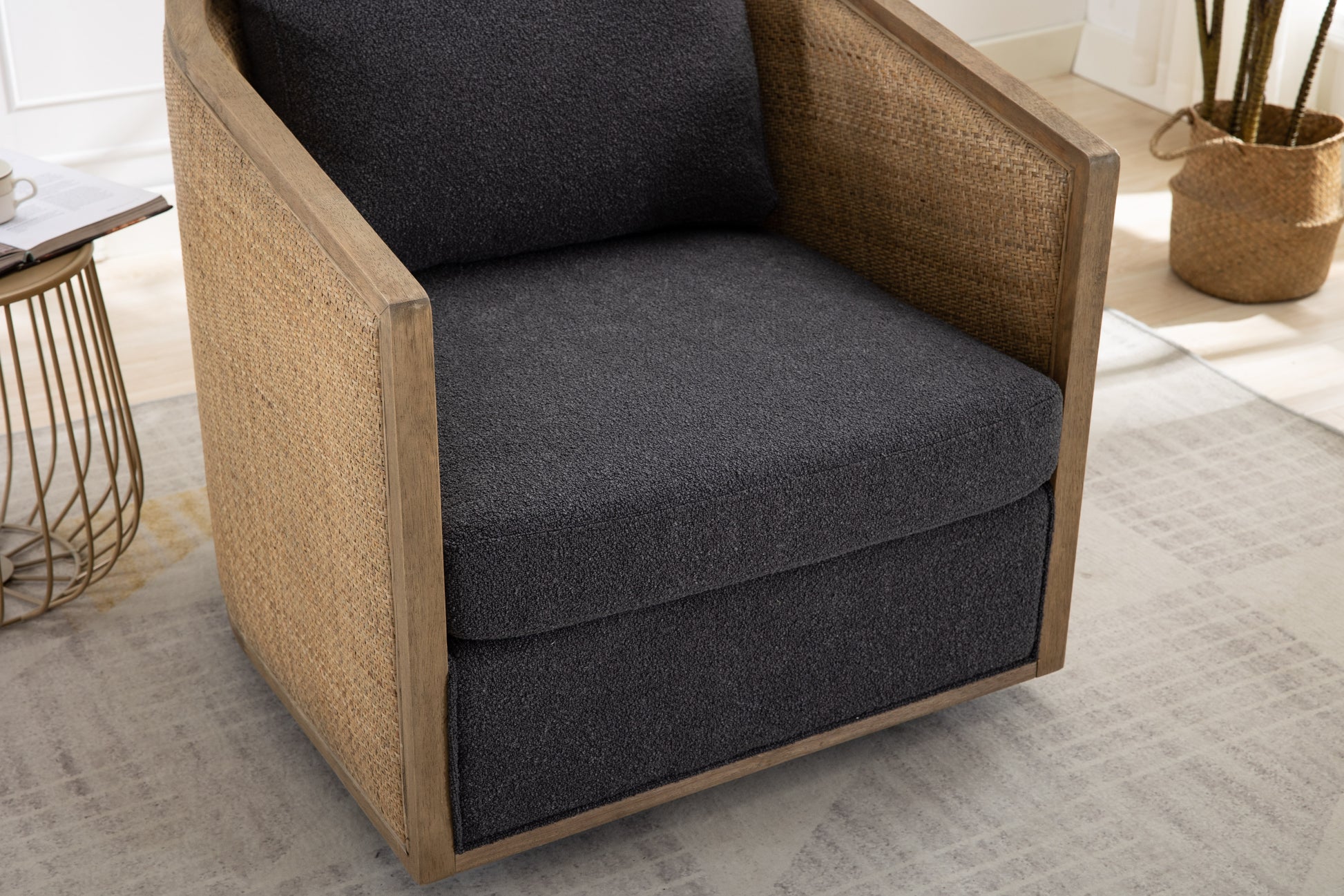 Coolmore Swivel Barrel Chair, Comfy Round Accent Sofa Chair For Living Room, 360 Degree Swivel Barrel Club Chair, Leisure Arm Chair For Nursery, Hotel, Bedroom, Office, Lounge Carbon Black Boucle Carbon Black Foam Boucle