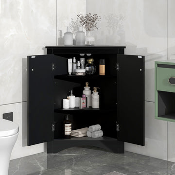 Black Triangle Bathroom Storage Cabinet With Adjustable Shelves, Freestanding Floor Cabinet For Home Kitchen Black Mdf