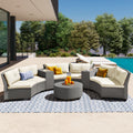 6 Person Fan Shaped Rattan Suit Combination With Cushions And Table,Suitable For Garden Beige Hdpe