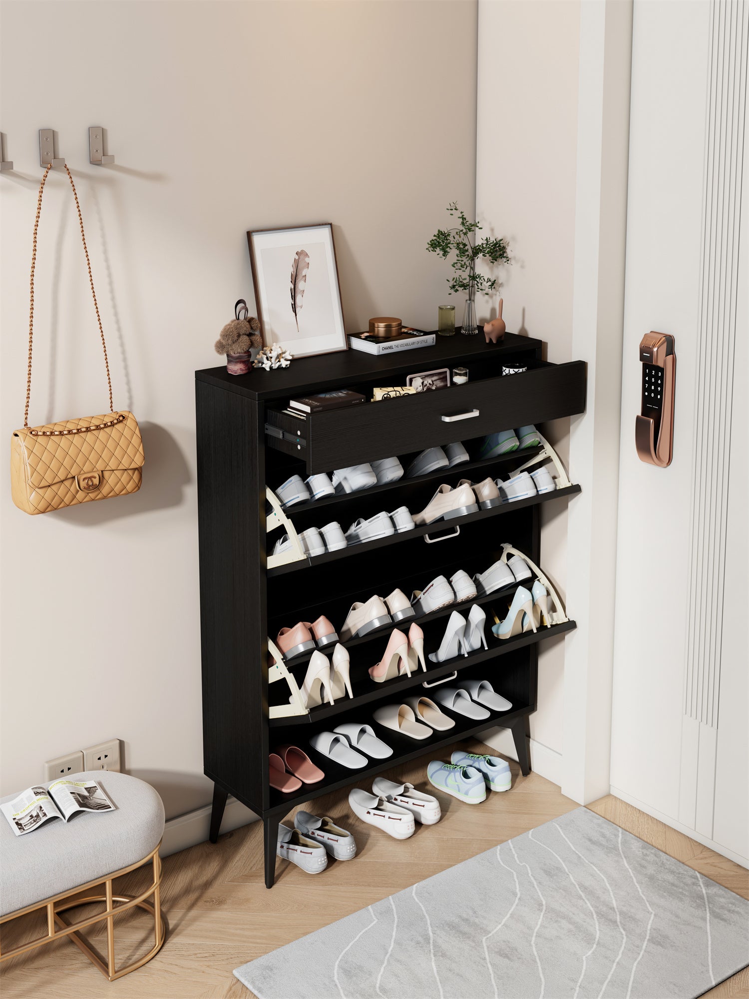 Shoe Cabinetshoe Storage Shelves, Black Black Mdf