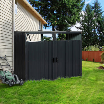 Garbage Bin Shed Stores 2 Trash Cans Metal Outdoor Bin Shed For Garbage Storage,Stainless Galvanized Steel, Bin Shed For Garden Yard Lawn Charcoal Iron