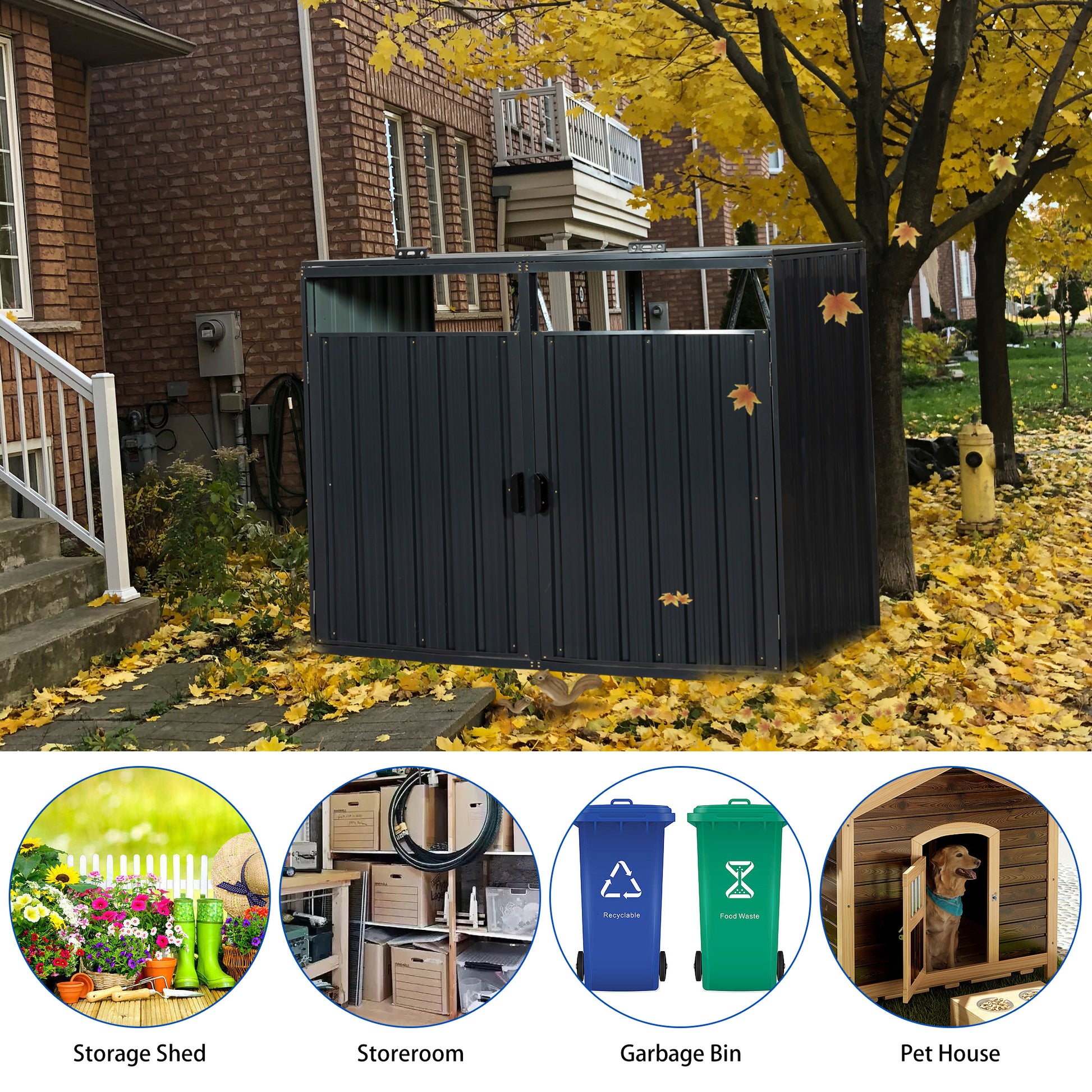 Garbage Bin Shed Stores 2 Trash Cans Metal Outdoor Bin Shed For Garbage Storage,Stainless Galvanized Steel, Bin Shed For Garden Yard Lawn Charcoal Iron