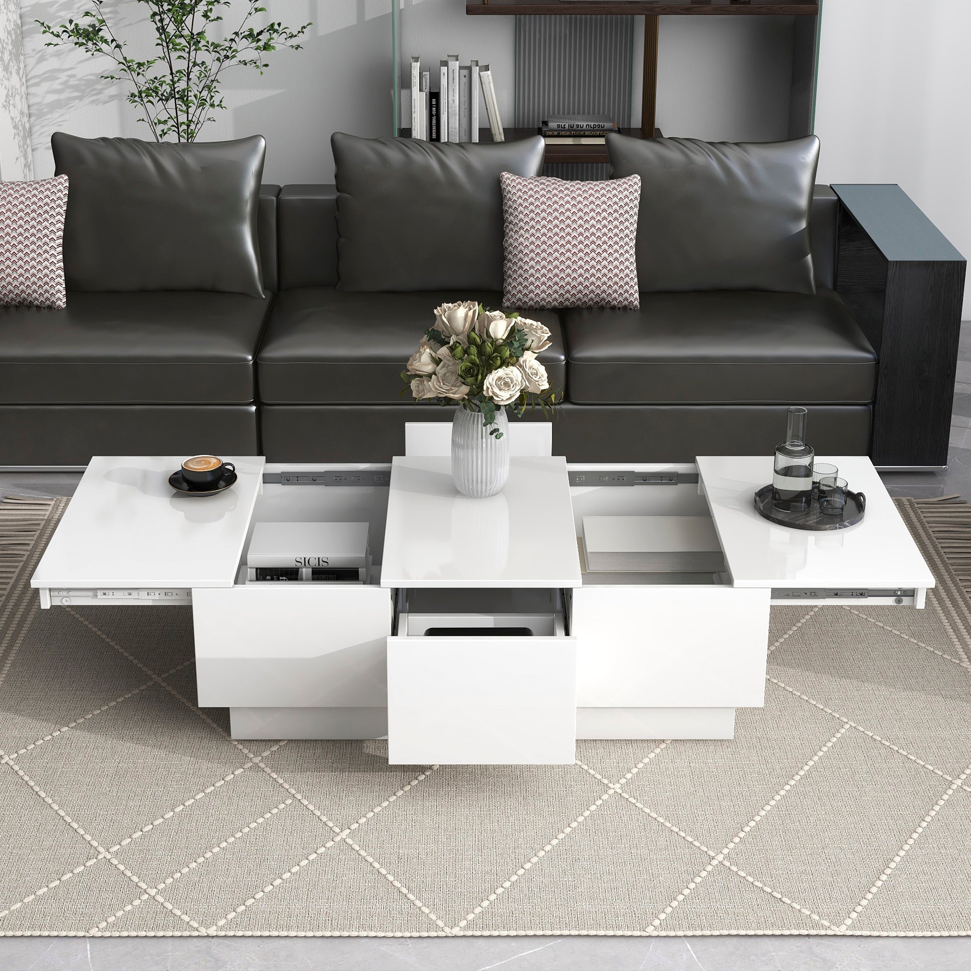 Coffee Table With 2 Large Hidden Storage Compartment, Extendable Cocktail Table With 2 Drawers, High Gloss Center Table With Sliding Top For Living Room, 39.3"X21.6", White White Soft Close Drawers Primary Living Space Modern Freestanding Rectangular