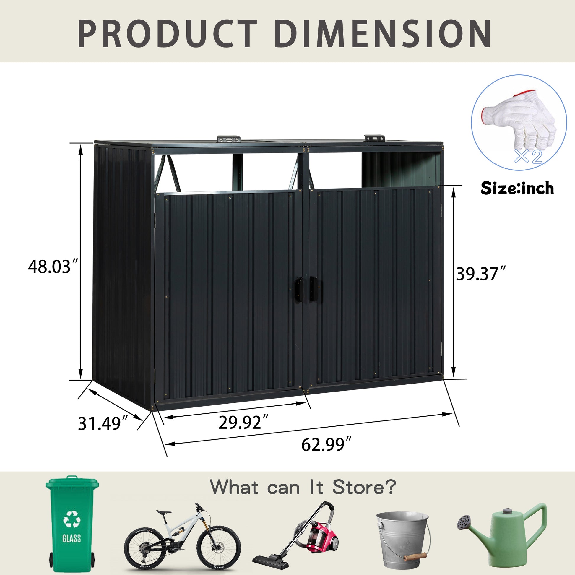 Garbage Bin Shed Stores 2 Trash Cans Metal Outdoor Bin Shed For Garbage Storage,Stainless Galvanized Steel, Bin Shed For Garden Yard Lawn Charcoal Iron