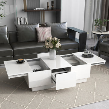 Coffee Table With 2 Large Hidden Storage Compartment, Extendable Cocktail Table With 2 Drawers, High Gloss Center Table With Sliding Top For Living Room, 39.3"X21.6", White White Soft Close Drawers Primary Living Space Modern Freestanding Rectangular