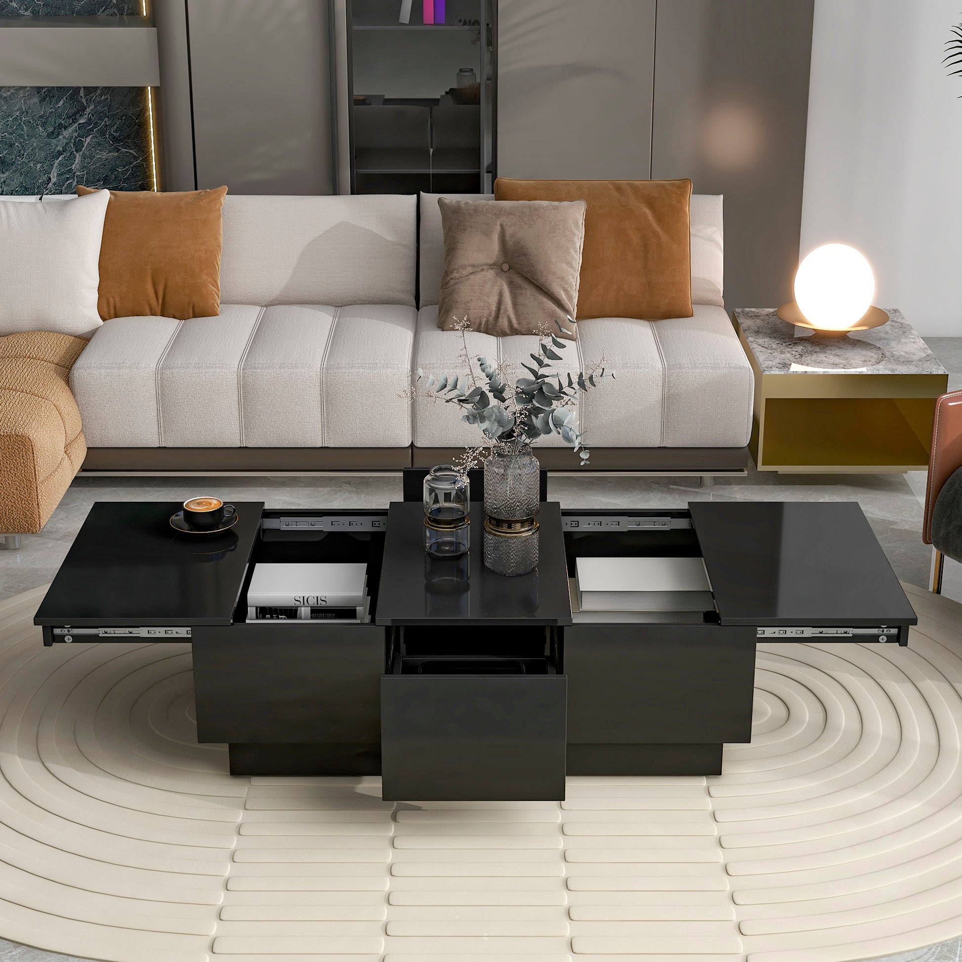 Coffee Table With 2 Large Hidden Storage Compartment, Extendable Cocktail Table With 2 Drawers, High Gloss Center Table With Sliding Top For Living Room, 39.3"X21.6", Black Black Soft Close Drawers Primary Living Space Contemporary Freestanding