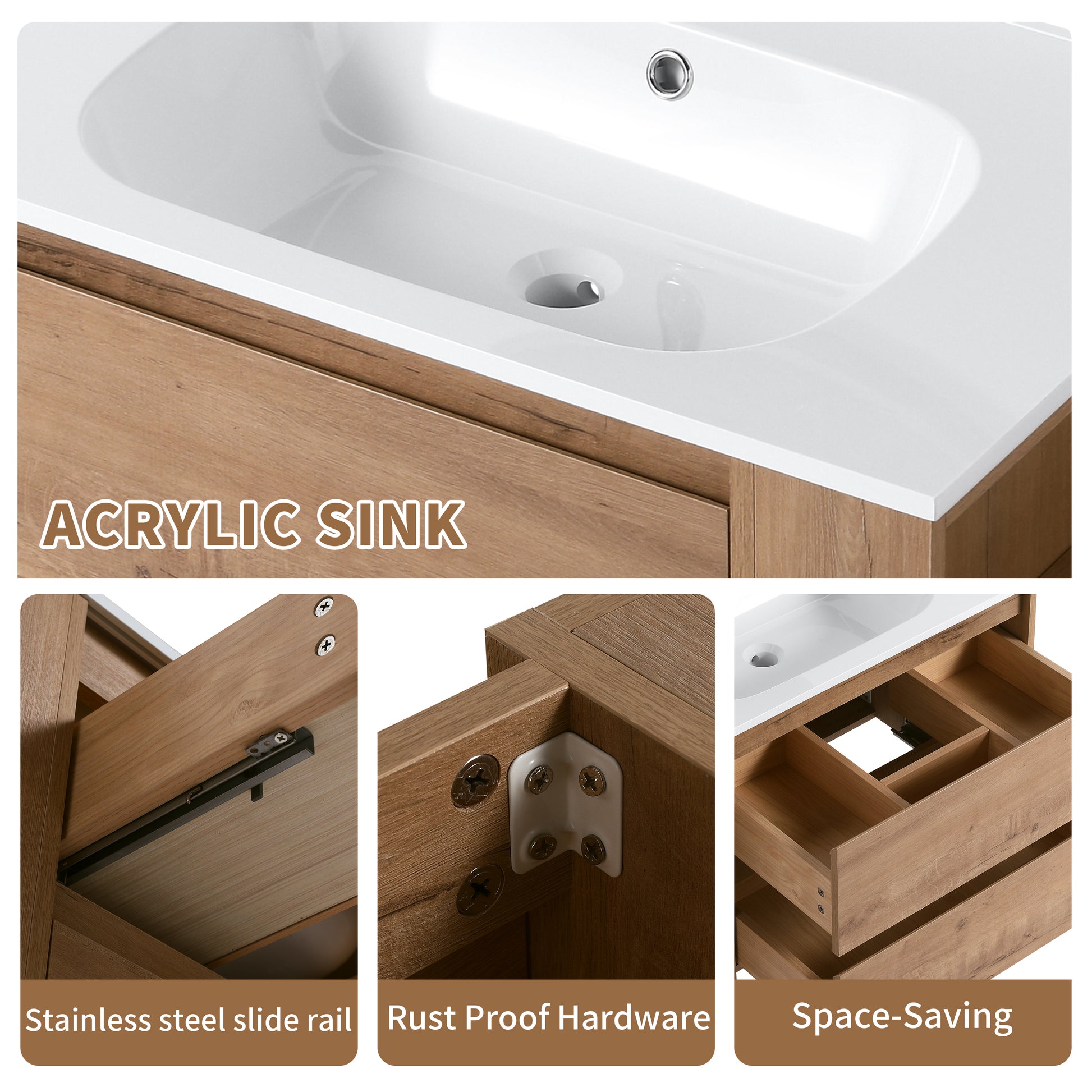 30" Wall Mounting Bathroom Vanity With Gel Sink, Soft Close Drawer 2 Imitative Oak 1 Bathroom Wall Mounted Modern Plywood