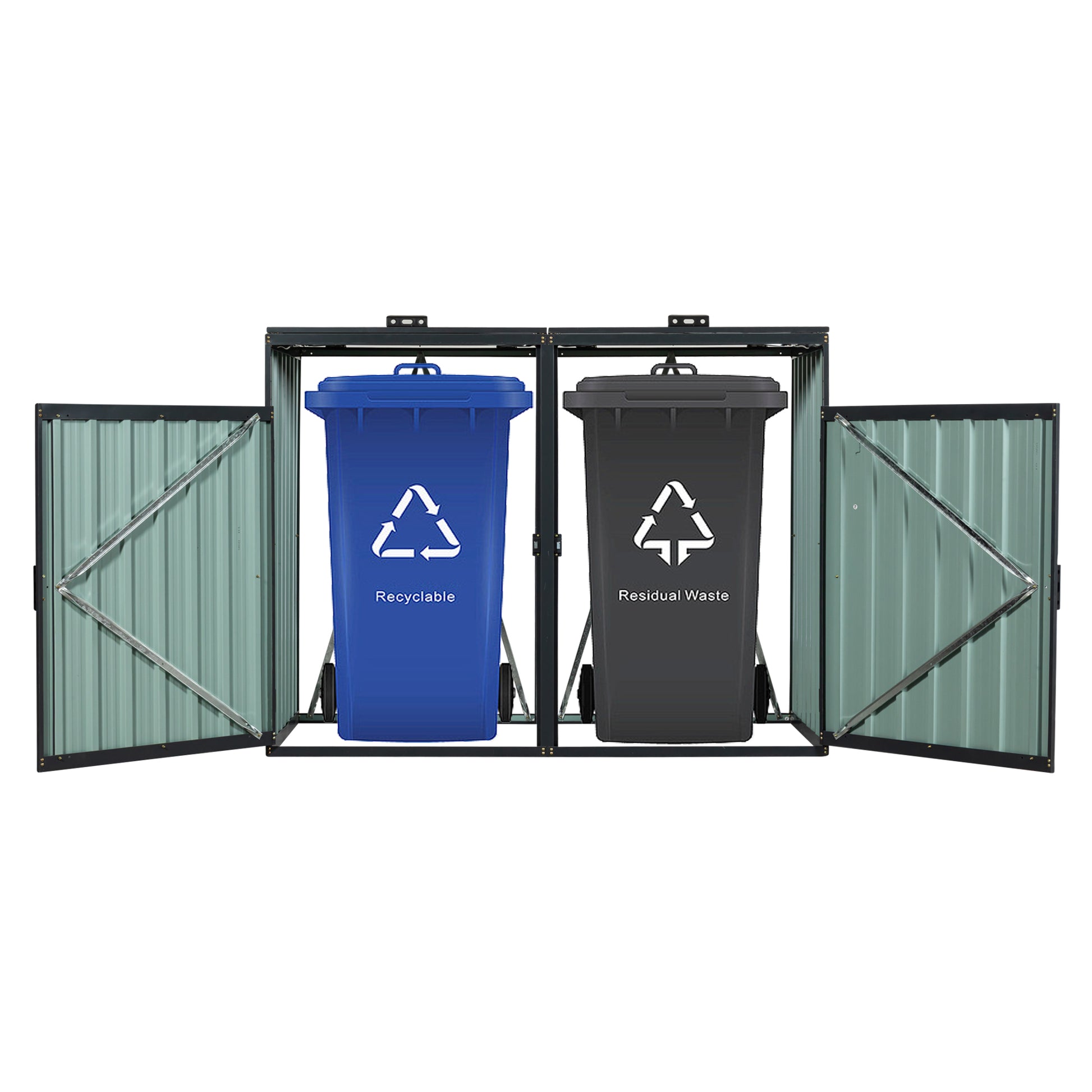 Garbage Bin Shed Stores 2 Trash Cans Metal Outdoor Bin Shed For Garbage Storage,Stainless Galvanized Steel, Bin Shed For Garden Yard Lawn Charcoal Iron