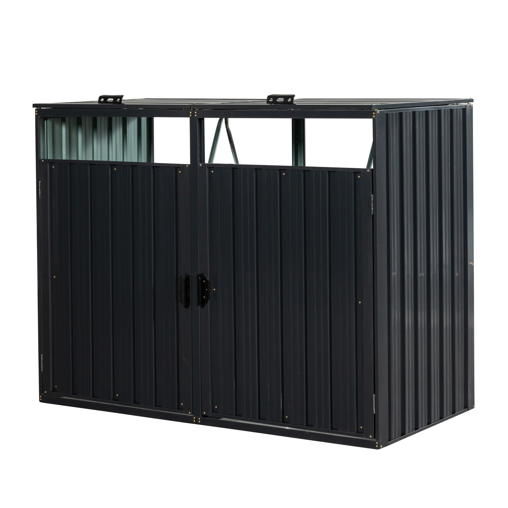 Garbage Bin Shed Stores 2 Trash Cans Metal Outdoor Bin Shed For Garbage Storage,Stainless Galvanized Steel, Bin Shed For Garden Yard Lawn Charcoal Iron