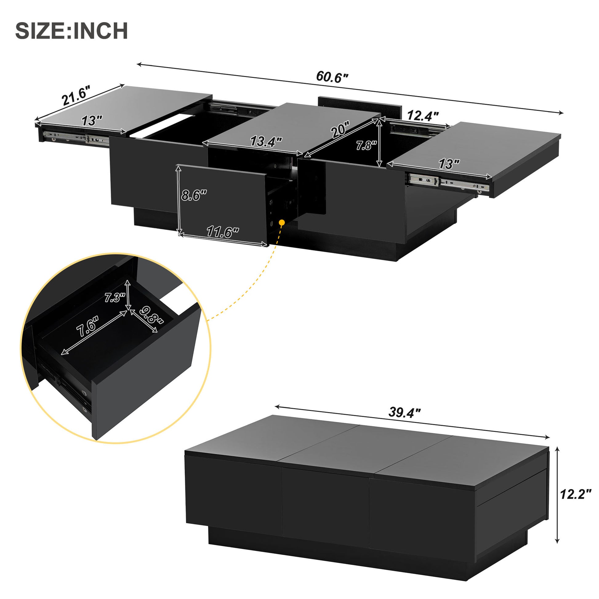 Coffee Table With 2 Large Hidden Storage Compartment, Extendable Cocktail Table With 2 Drawers, High Gloss Center Table With Sliding Top For Living Room, 39.3"X21.6", Black Black Soft Close Drawers Primary Living Space Contemporary Freestanding