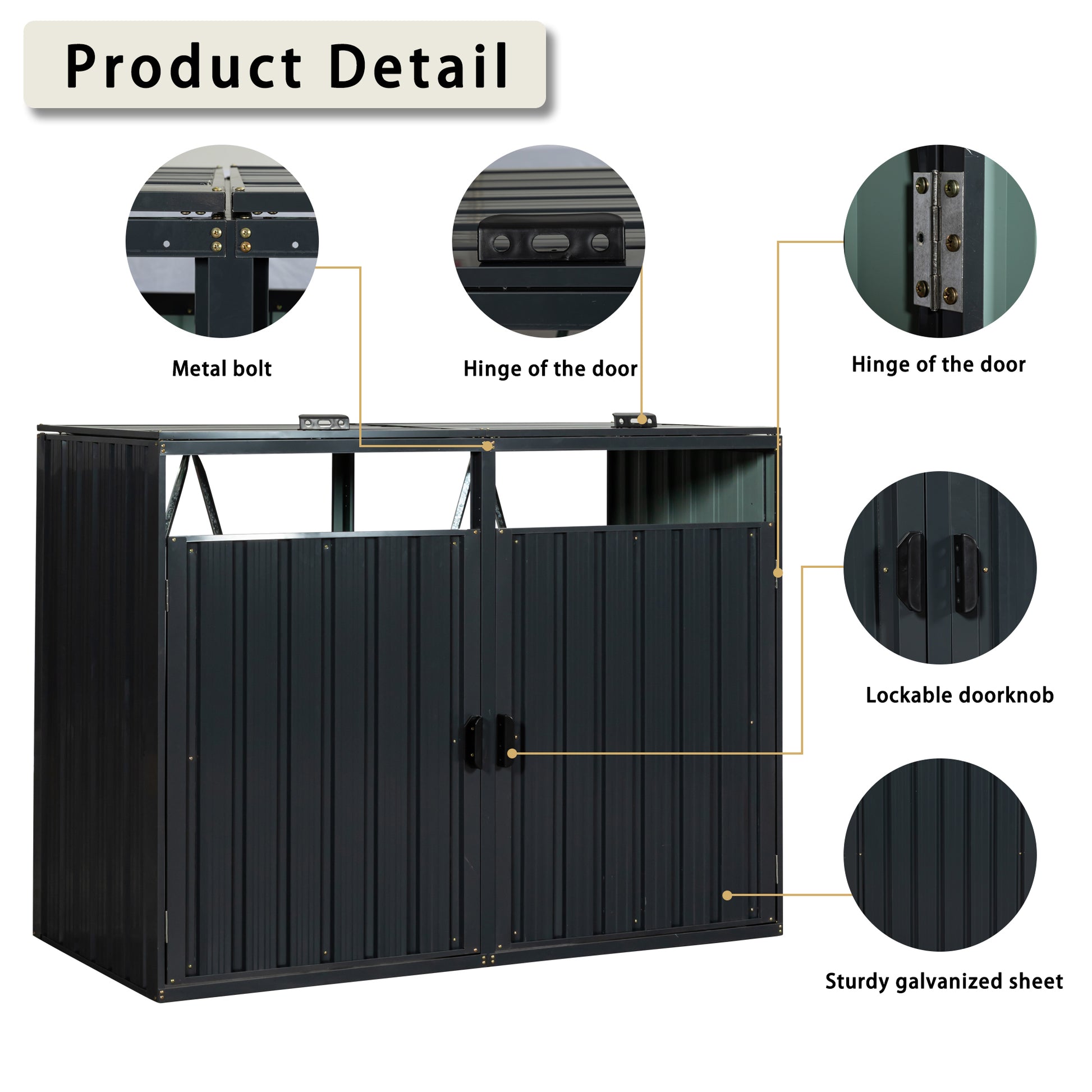 Garbage Bin Shed Stores 2 Trash Cans Metal Outdoor Bin Shed For Garbage Storage,Stainless Galvanized Steel, Bin Shed For Garden Yard Lawn Charcoal Iron