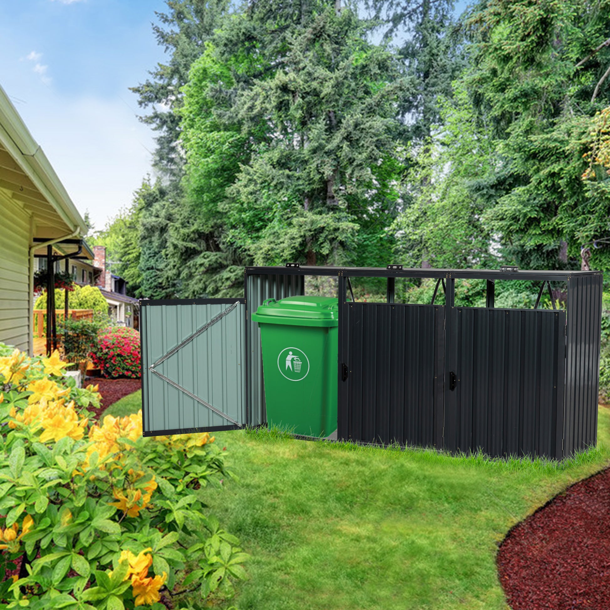 Garbage Bin Shed Stores 3 Trash Cans Metal Outdoor Bin Shed For Garbage Storage,Stainless Galvanized Steel, Bin Shed For Garden Yard Lawn W540S00009 Charcoal Iron