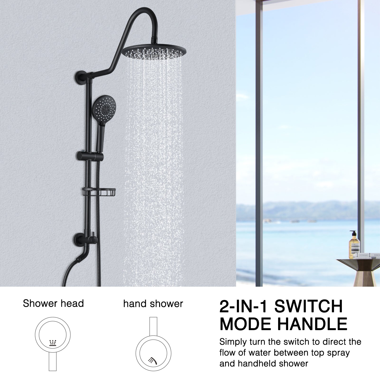 10" Rainfall Shower Head And Handheld Showerhead Combo Shower System With Slide Bar, Matte Black Matte Black Brass