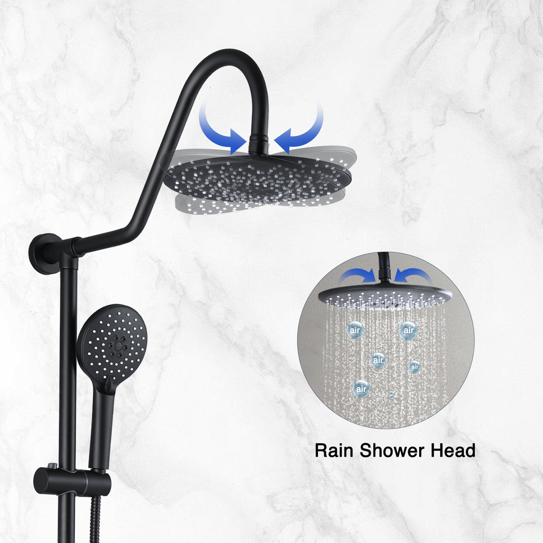 10" Rainfall Shower Head And Handheld Showerhead Combo Shower System With Slide Bar, Matte Black Matte Black Brass