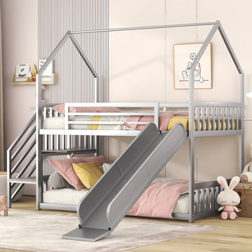 Twin Over Twin Metal Bunk Bed House Bed With Slide And Staircase, Silver Twin Silver Metal & Wood